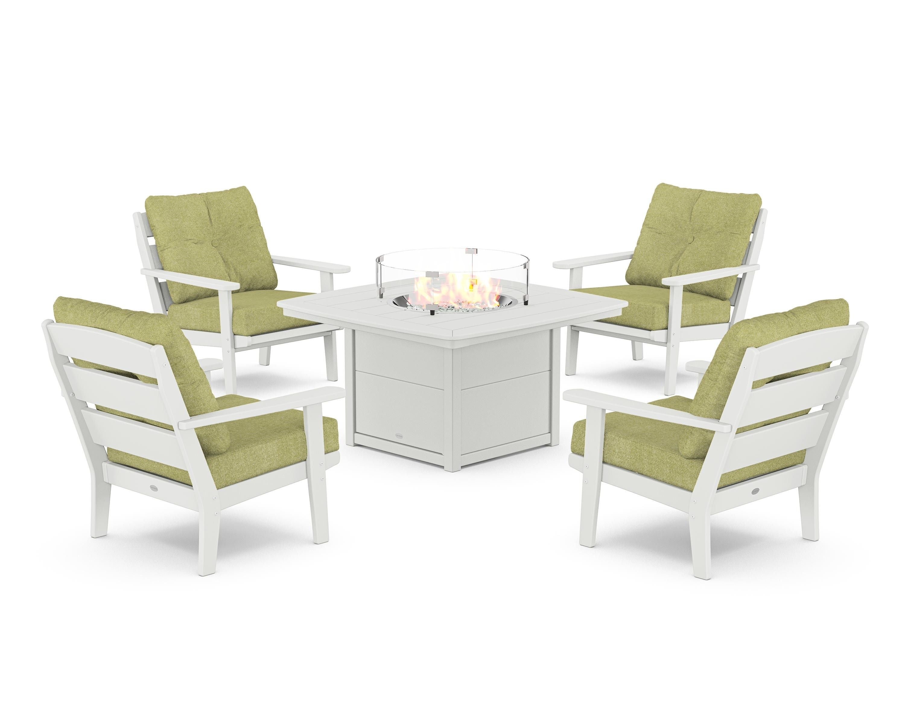 POLYWOOD® Lakeside 5-Piece Deep Seating Set with Nautical Fire Pit Table in White / Chartreuse Boucle