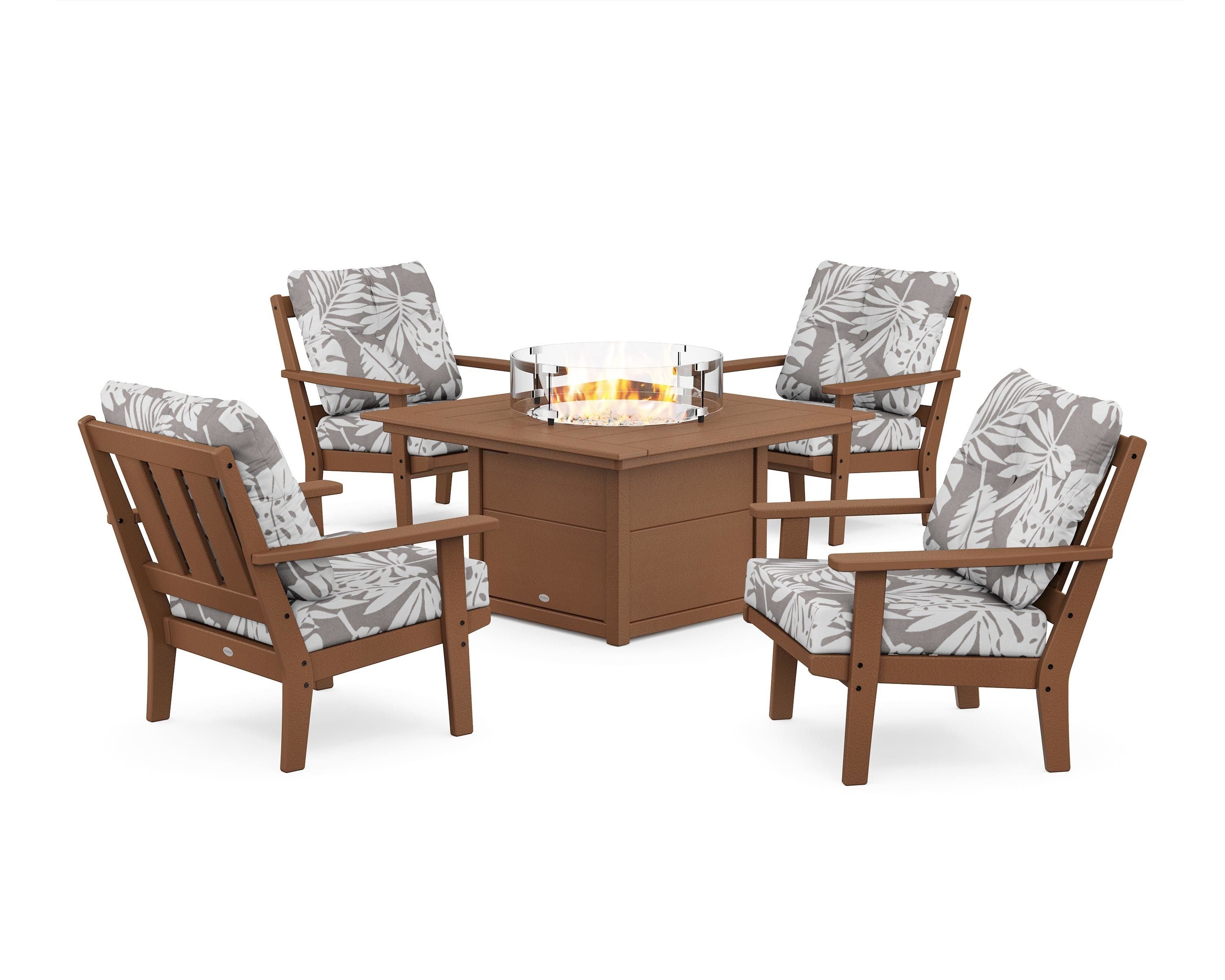 POLYWOOD® Oxford 5-Piece Deep Seating Set with Fire Pit Table in Teak / Leaf Grey Mist