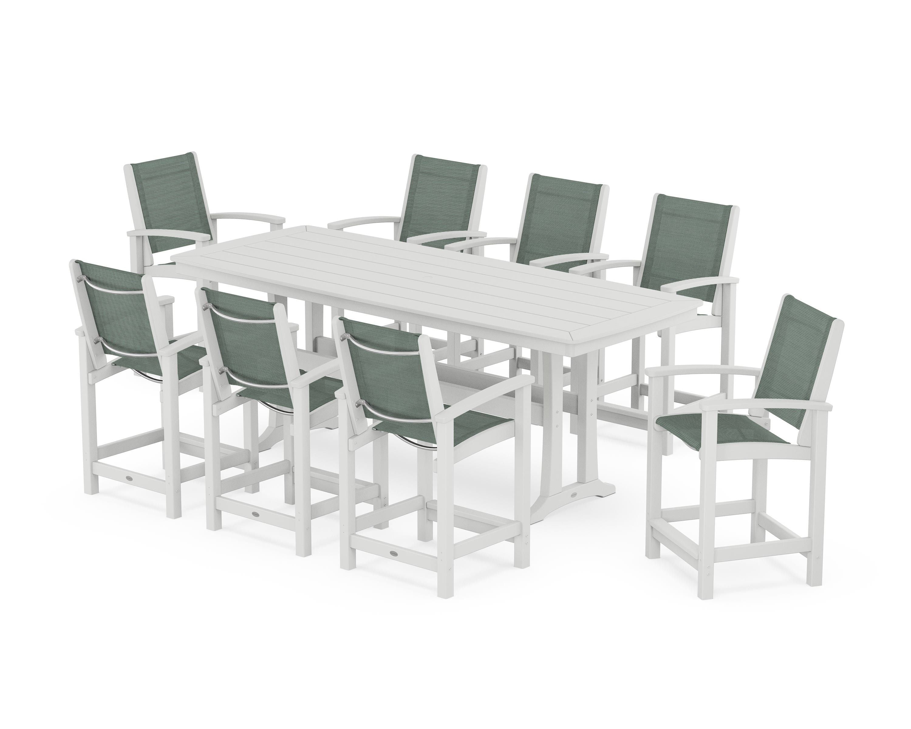 POLYWOOD® Coastal 9-Piece Counter Set with Trestle Legs in White / Dupioni Sea Mist Sling
