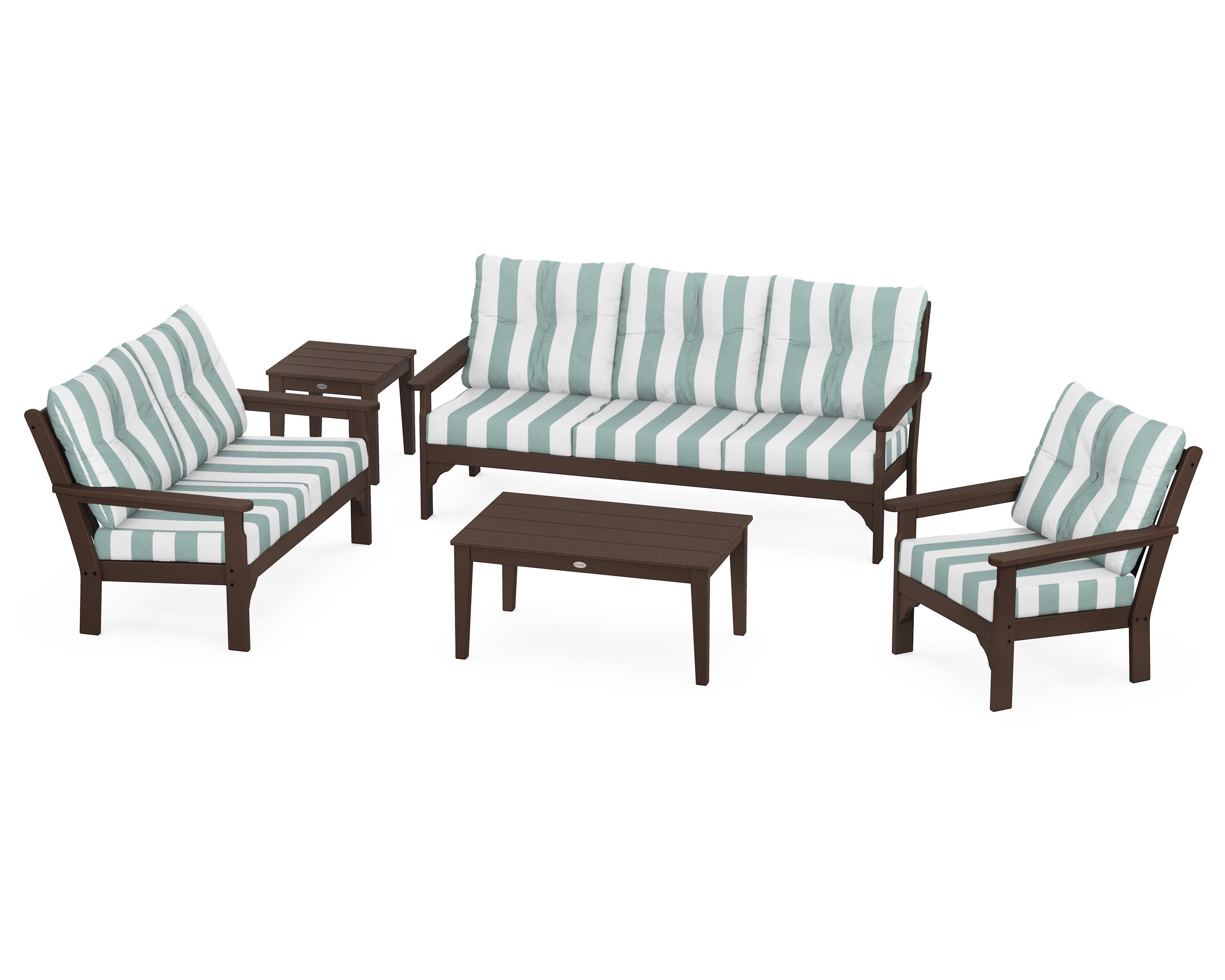 POLYWOOD® Vineyard 5 Piece Deep Seating Set in Mahogany / Cabana Stripe Glacier Spa