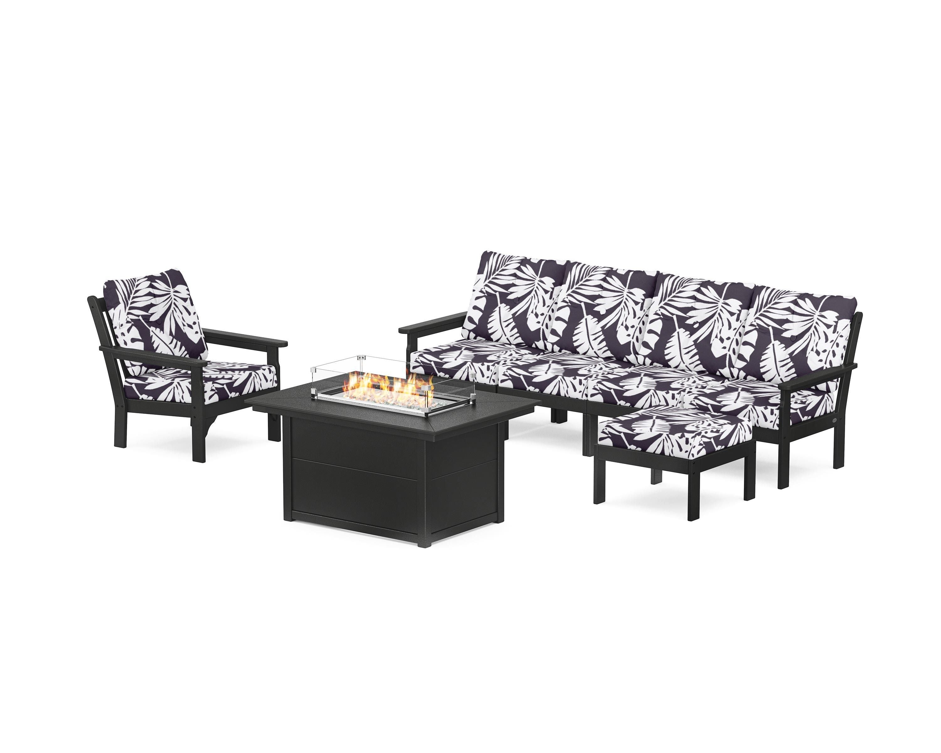 POLYWOOD® Vineyard Sectional Lounge and Fire Pit Set in Black / Leaf Navy