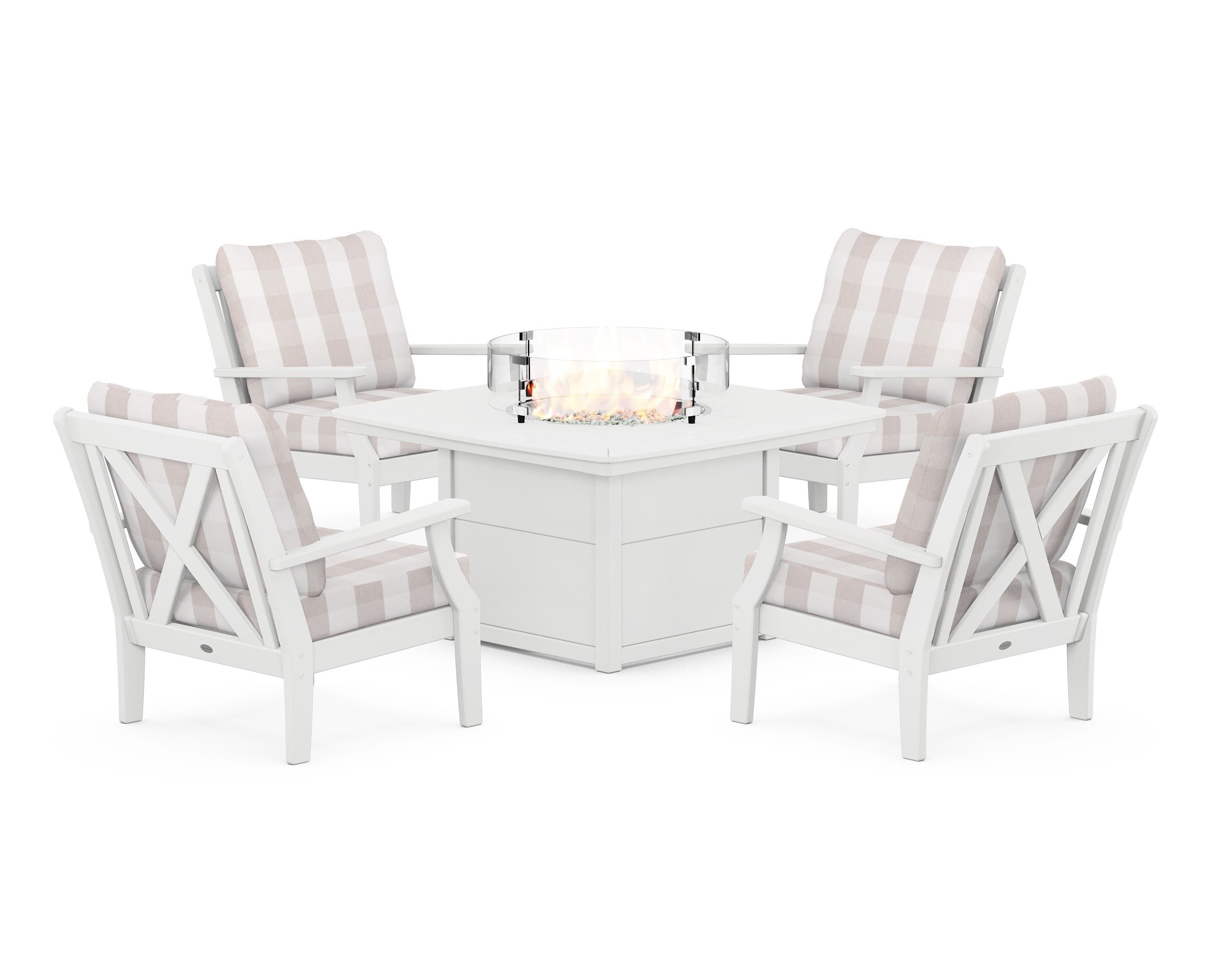 POLYWOOD® Braxton 5-Piece Deep Seating Conversation Set with Fire Pit Table in White / Buffalo Plaid Dune Burlap