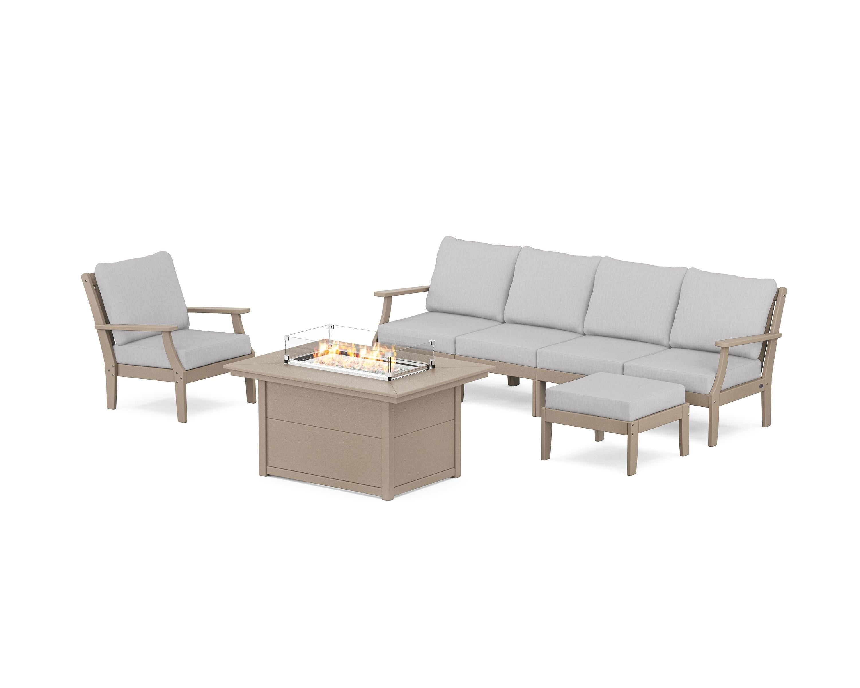 POLYWOOD® Braxton Sectional Lounge and Fire Pit Set in Vintage Sahara / Granite