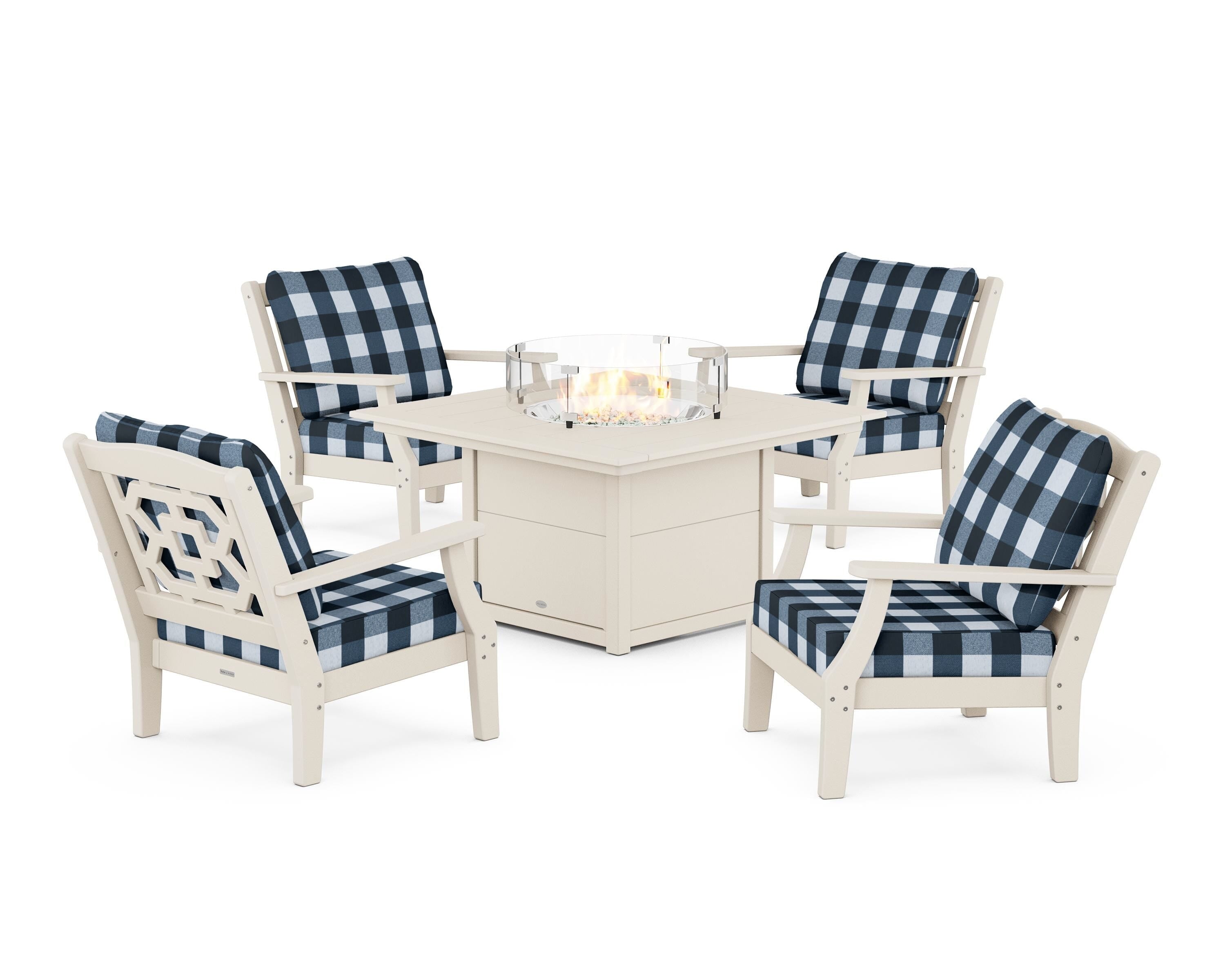 Martha Stewart by POLYWOOD® Chinoiserie 5-Piece Deep Seating Set with Fire Pit Table in Sand / Buffalo Plaid Marine Indigo