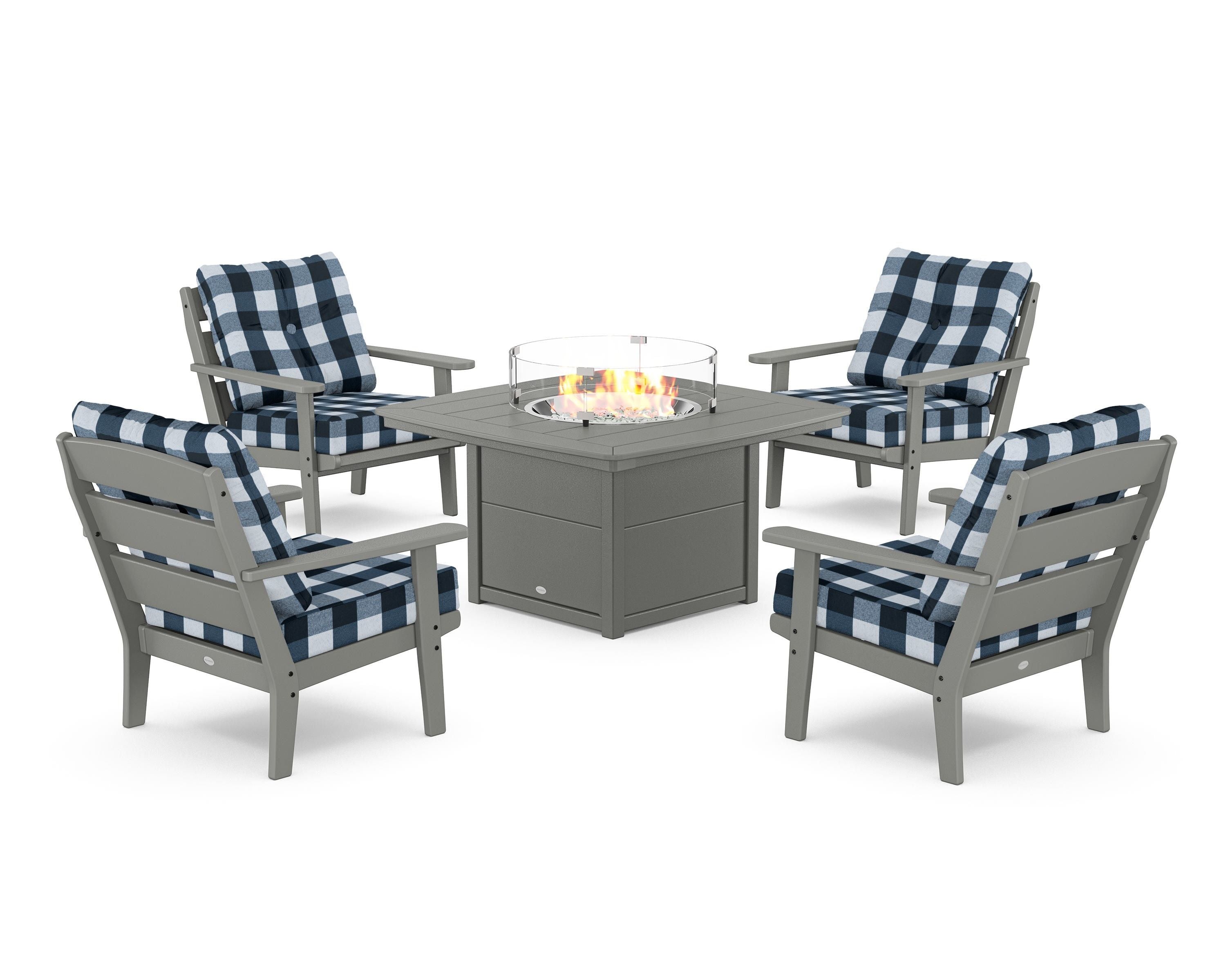 POLYWOOD® Lakeside 5-Piece Deep Seating Set with Nautical Fire Pit Table in Slate Grey / Buffalo Plaid Marine Indigo