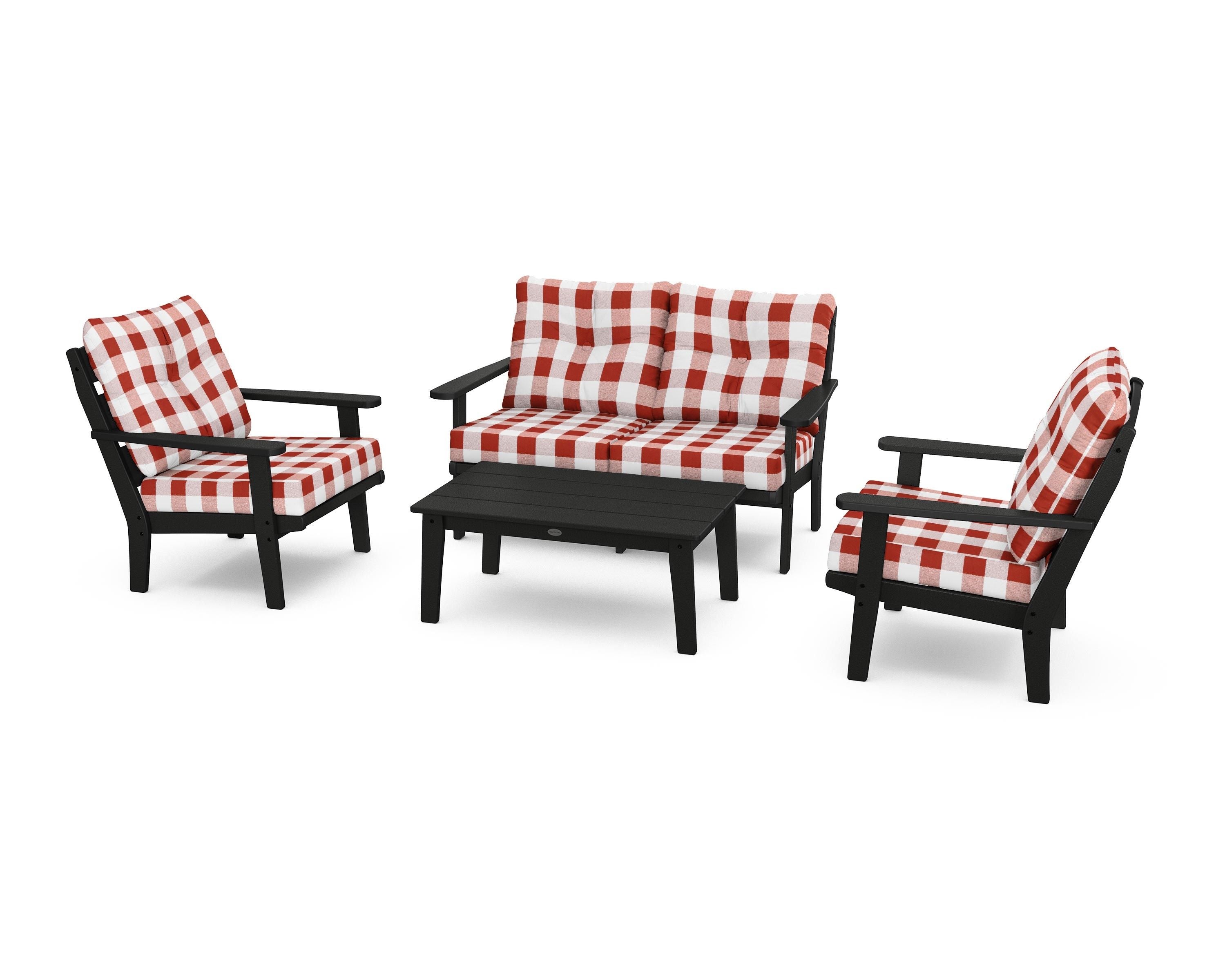 POLYWOOD® Lakeside 4-Piece Deep Seating Set in Black / Buffalo Plaid Crimson