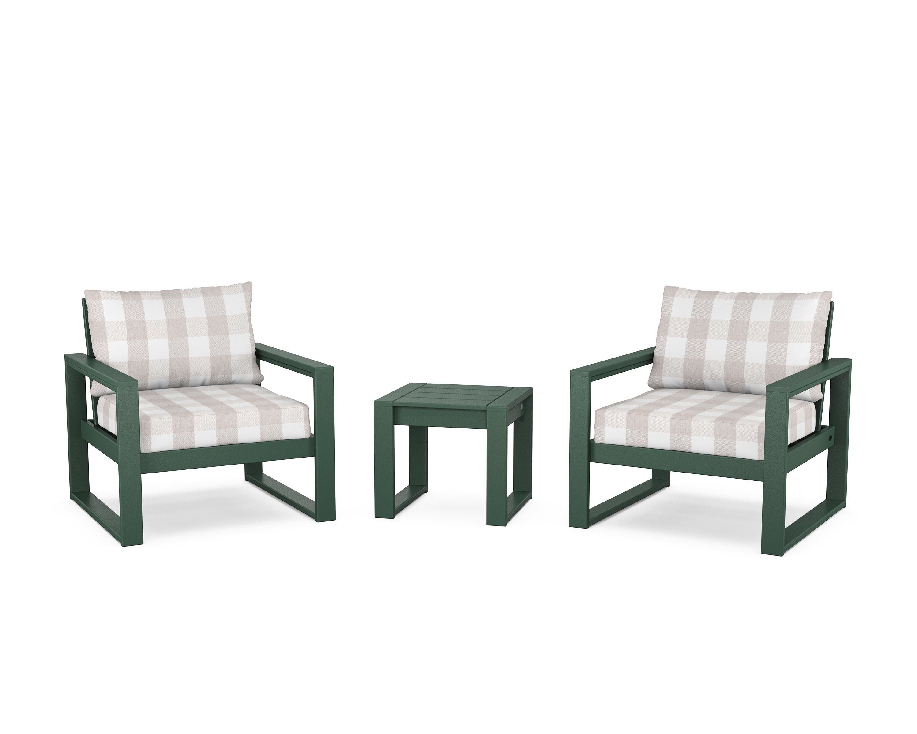 POLYWOOD® EDGE Sectional 3-Piece Deep Seating Set in Green / Buffalo Plaid Dune Burlap