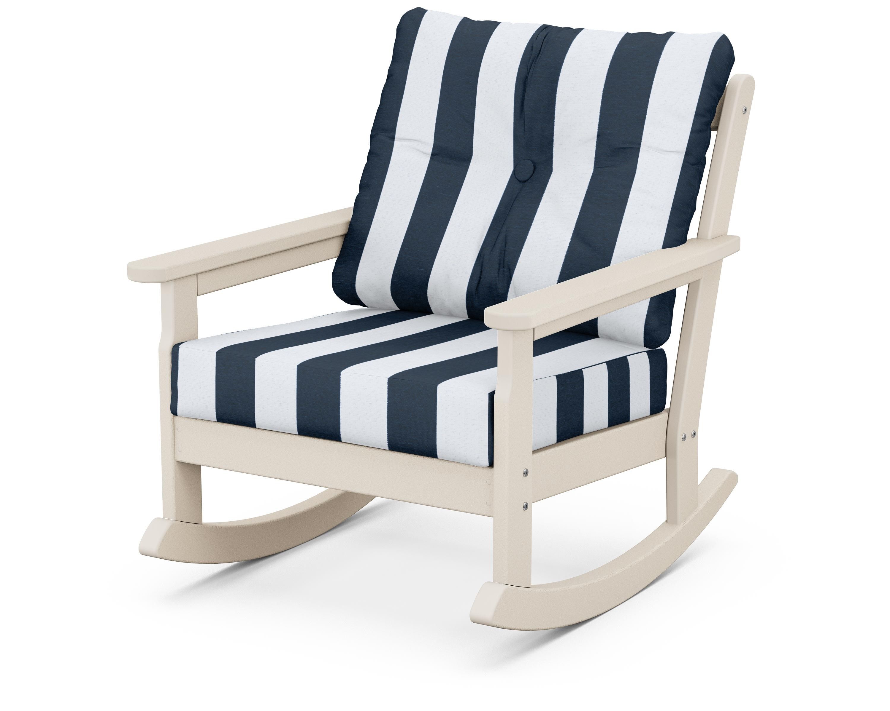 POLYWOOD® Vineyard Deep Seating Rocking Chair in Sand / Cabana Stripe Marine Indigo
