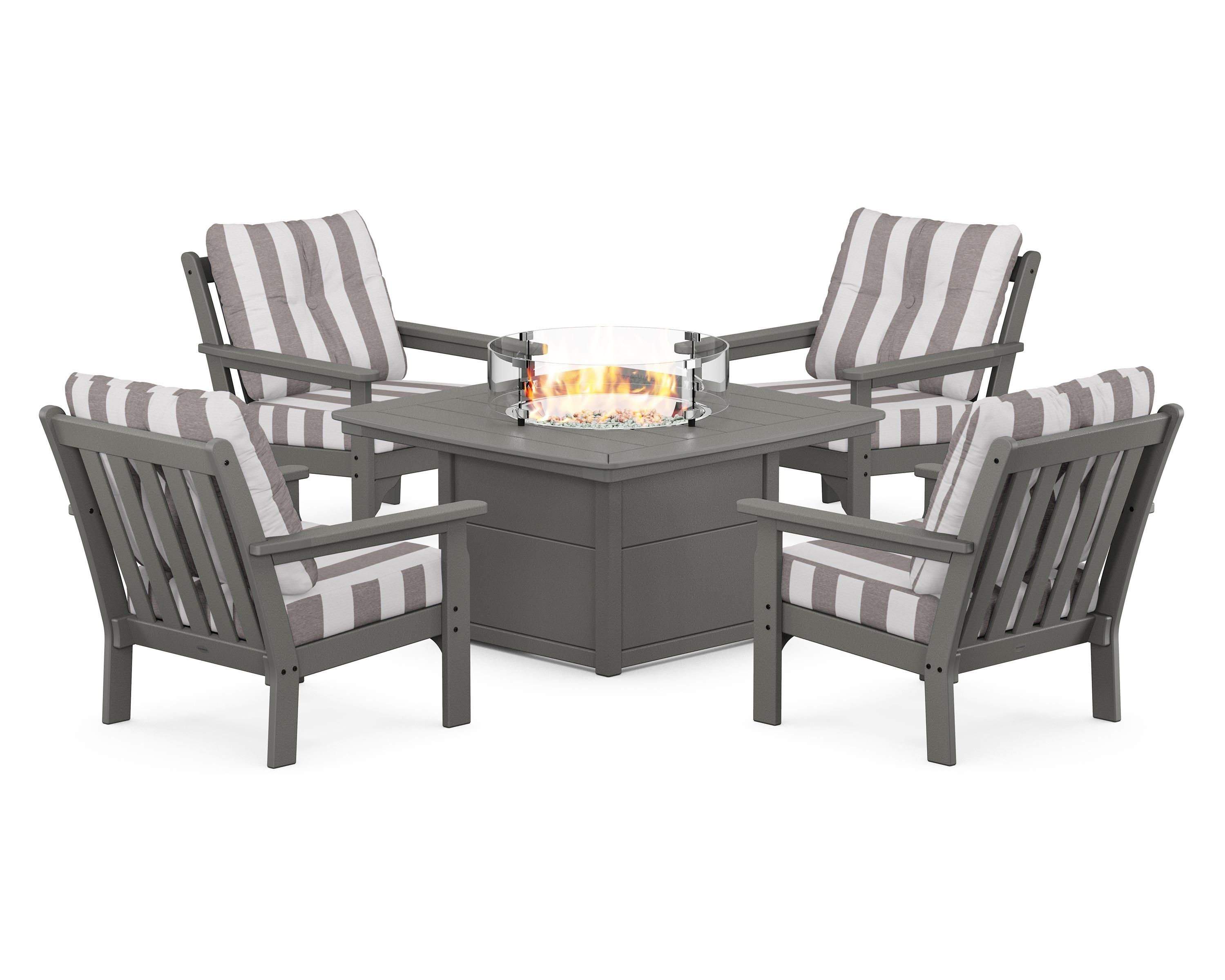 POLYWOOD® Vineyard 5-Piece Conversation Set with Fire Pit Table in Slate Grey / Cabana Stripe Grey Mist