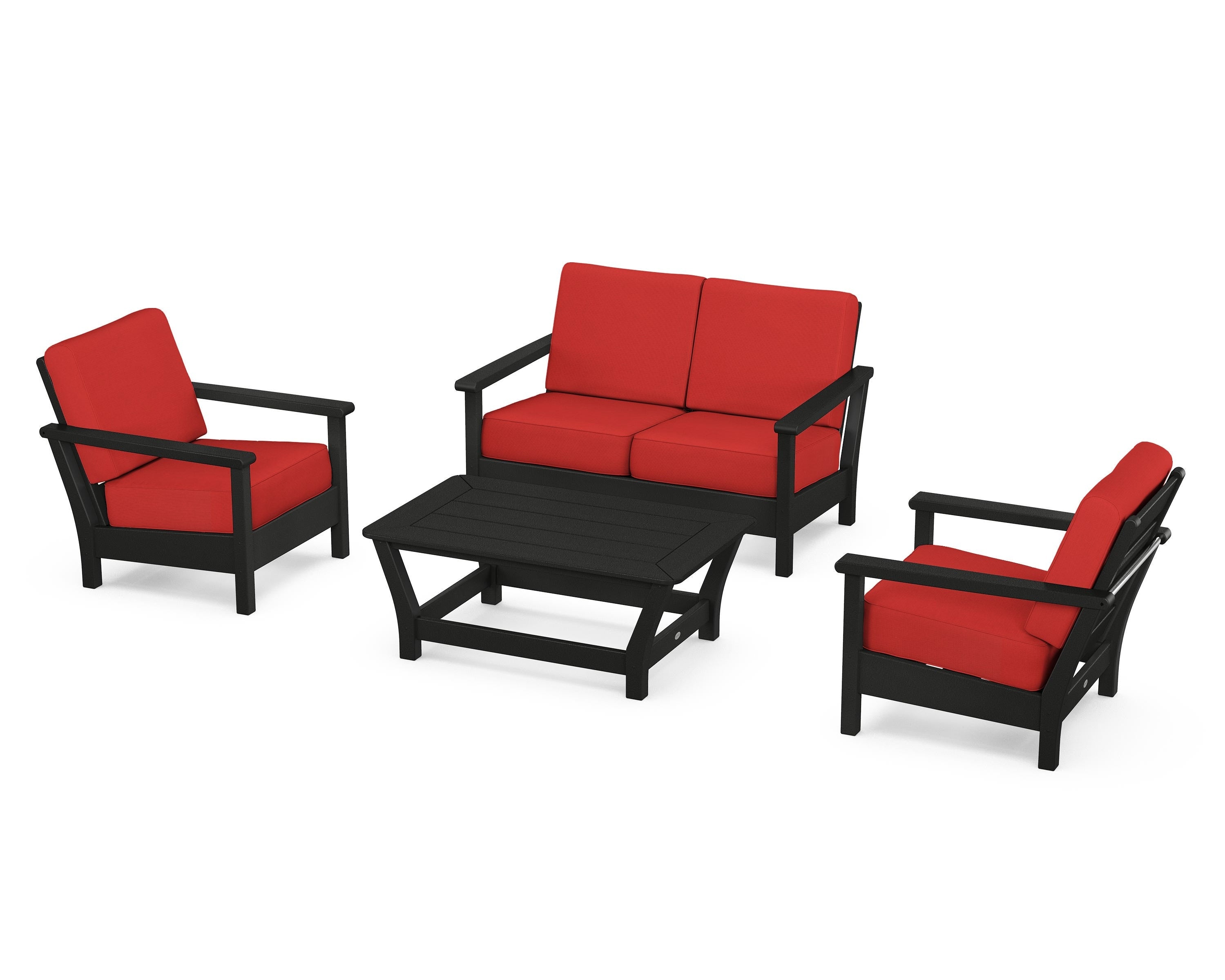 POLYWOOD® Harbour 4-Piece Deep Seating Set in Black / Crimson Linen