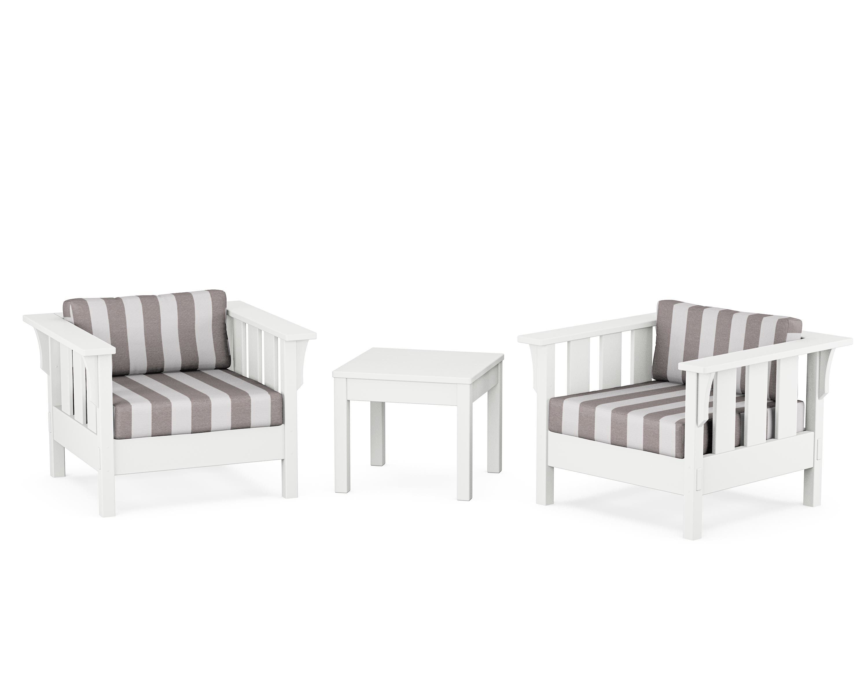 Martha Stewart by POLYWOOD® Acadia 3-Piece Deep Seating Set in White / Cabana Stripe Grey Mist