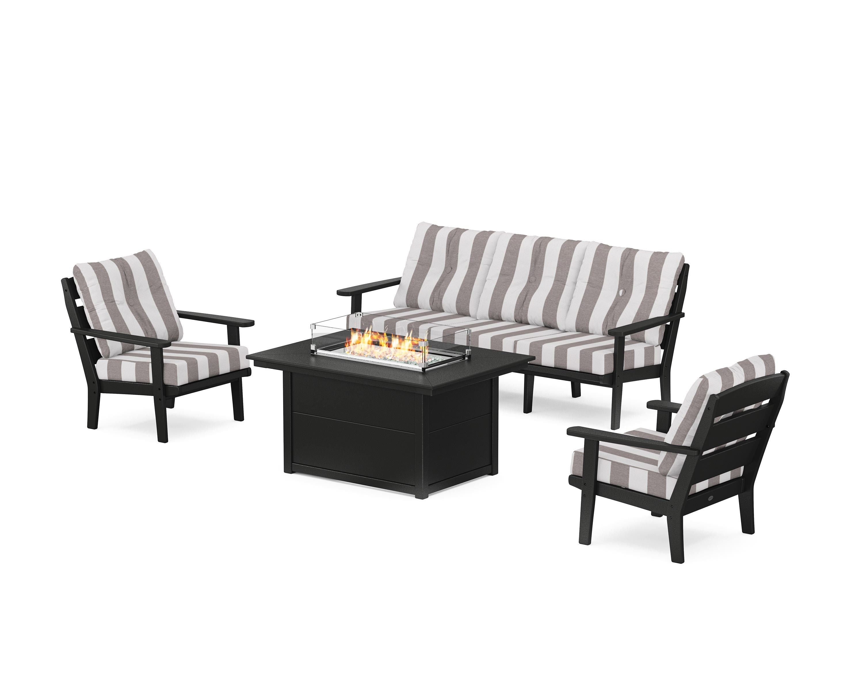 POLYWOOD® Lakeside Deep Seating Fire Pit Table Set in Black / Cabana Stripe Grey Mist