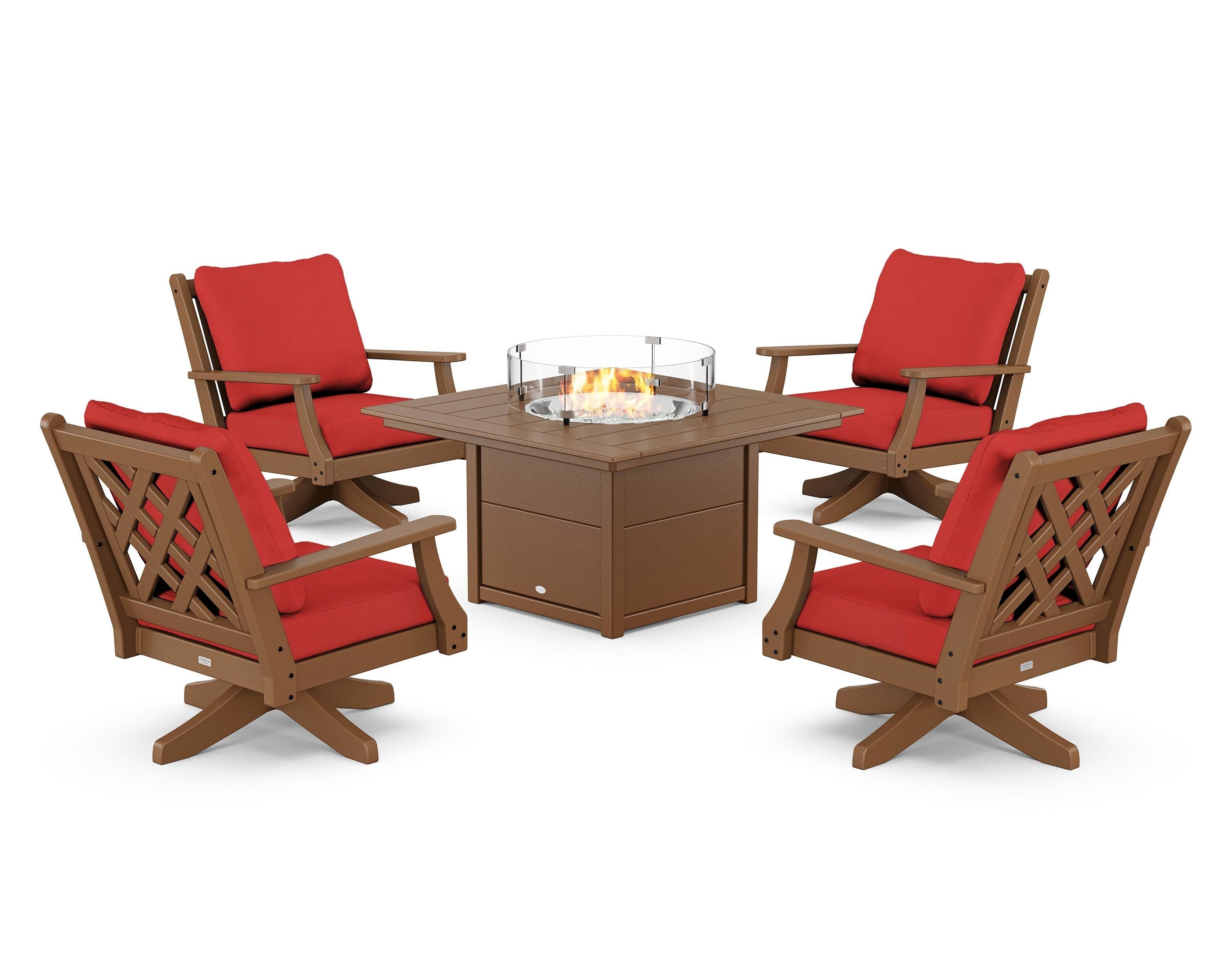 Country Living Wovendale 5-Piece Deep Seating Swivel Conversation Set with Fire Pit Table in Teak / Crimson Linen