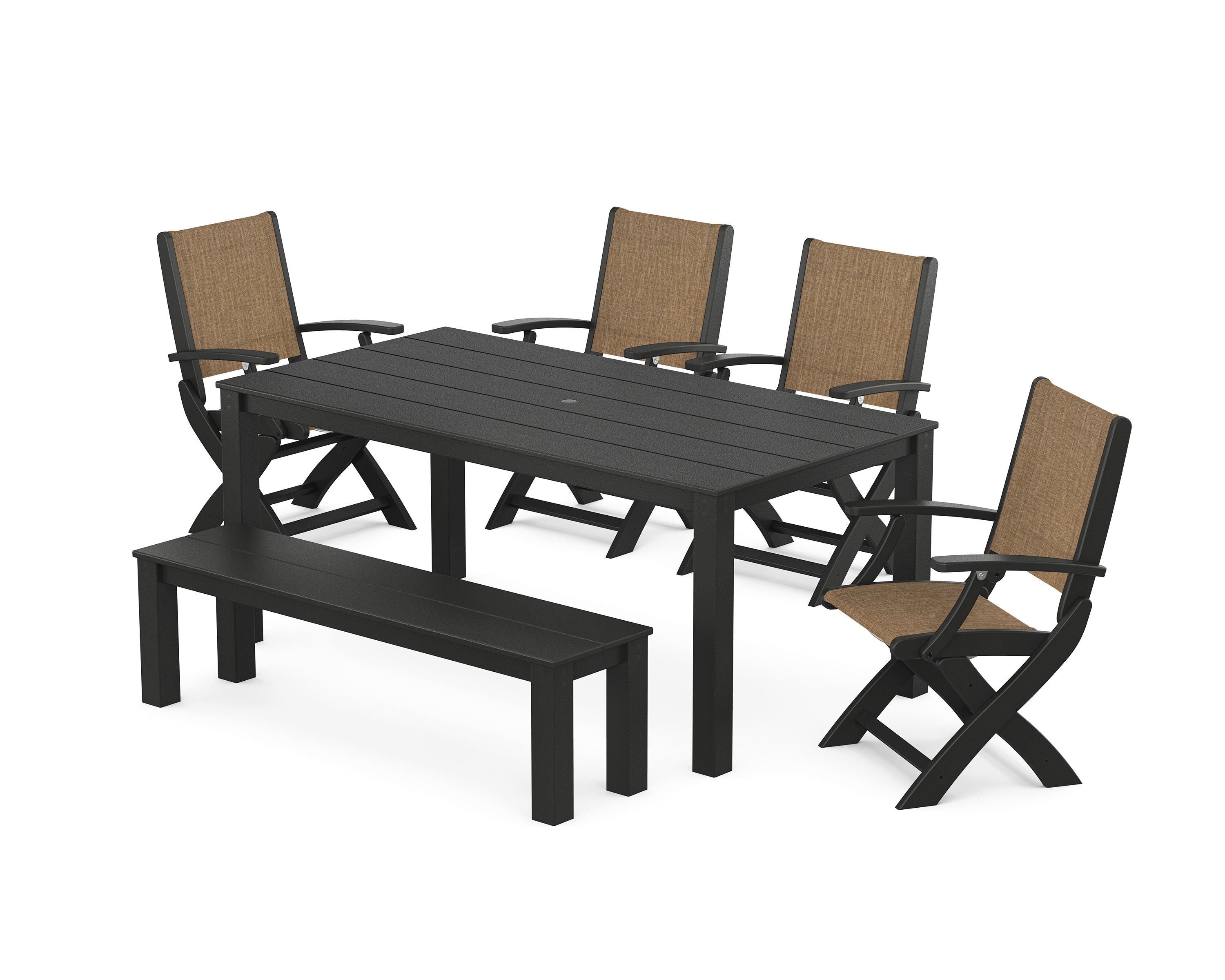 POLYWOOD® Coastal Folding Chair 6-Piece Parsons Dining Set with Bench in Black / Burlap Sling