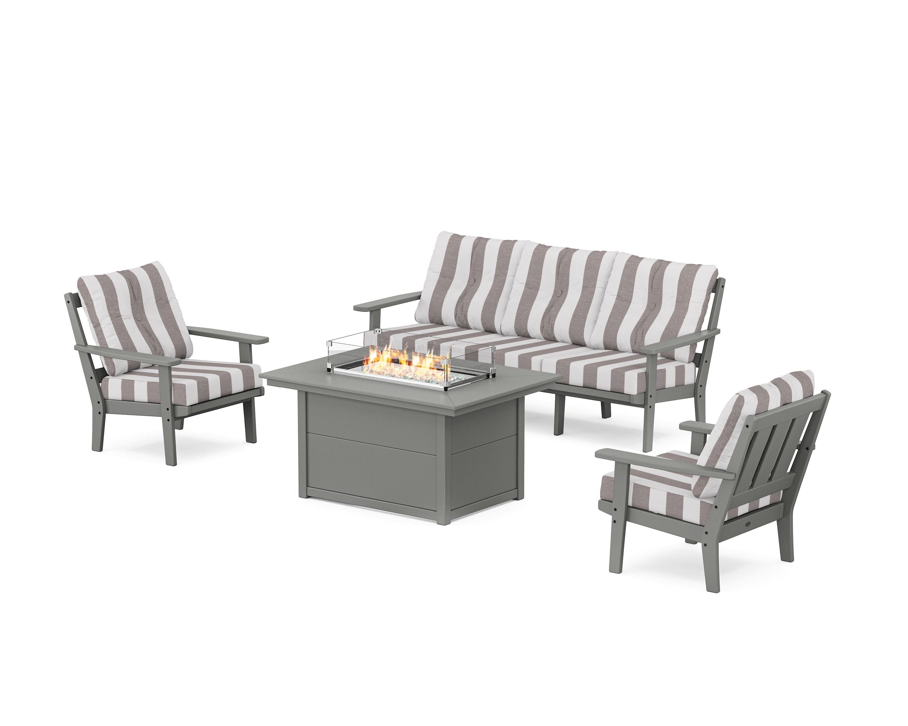 POLYWOOD® Oxford Deep Seating Fire Pit Table Set in Slate Grey / Cabana Stripe Grey Mist