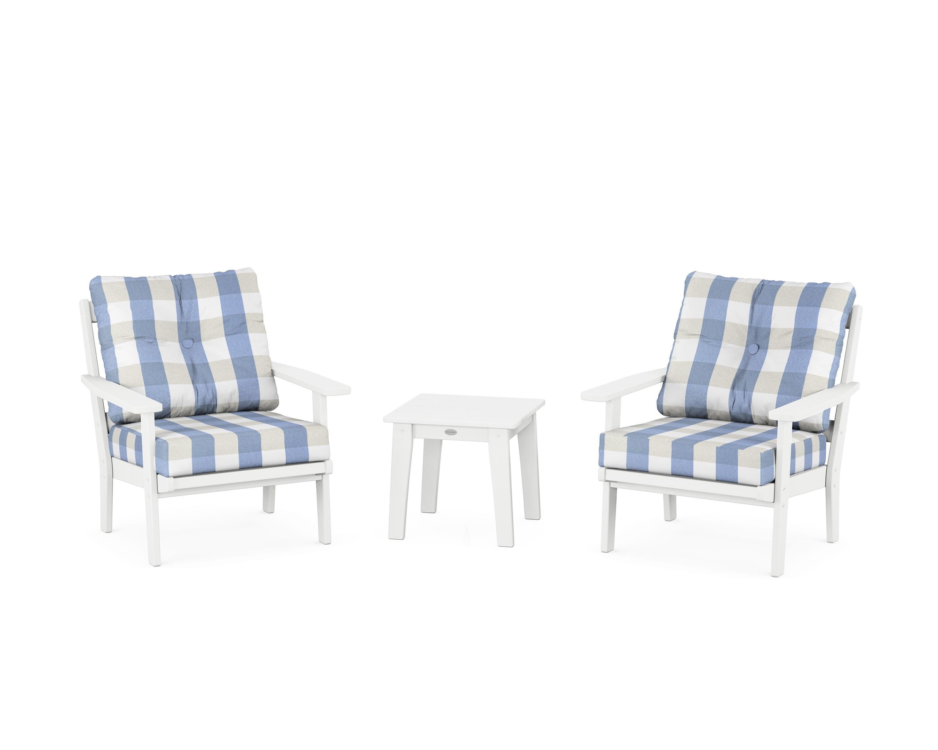 POLYWOOD® Oxford 3-Piece Deep Seating Set in White / Buffalo Plaid Sky Blue