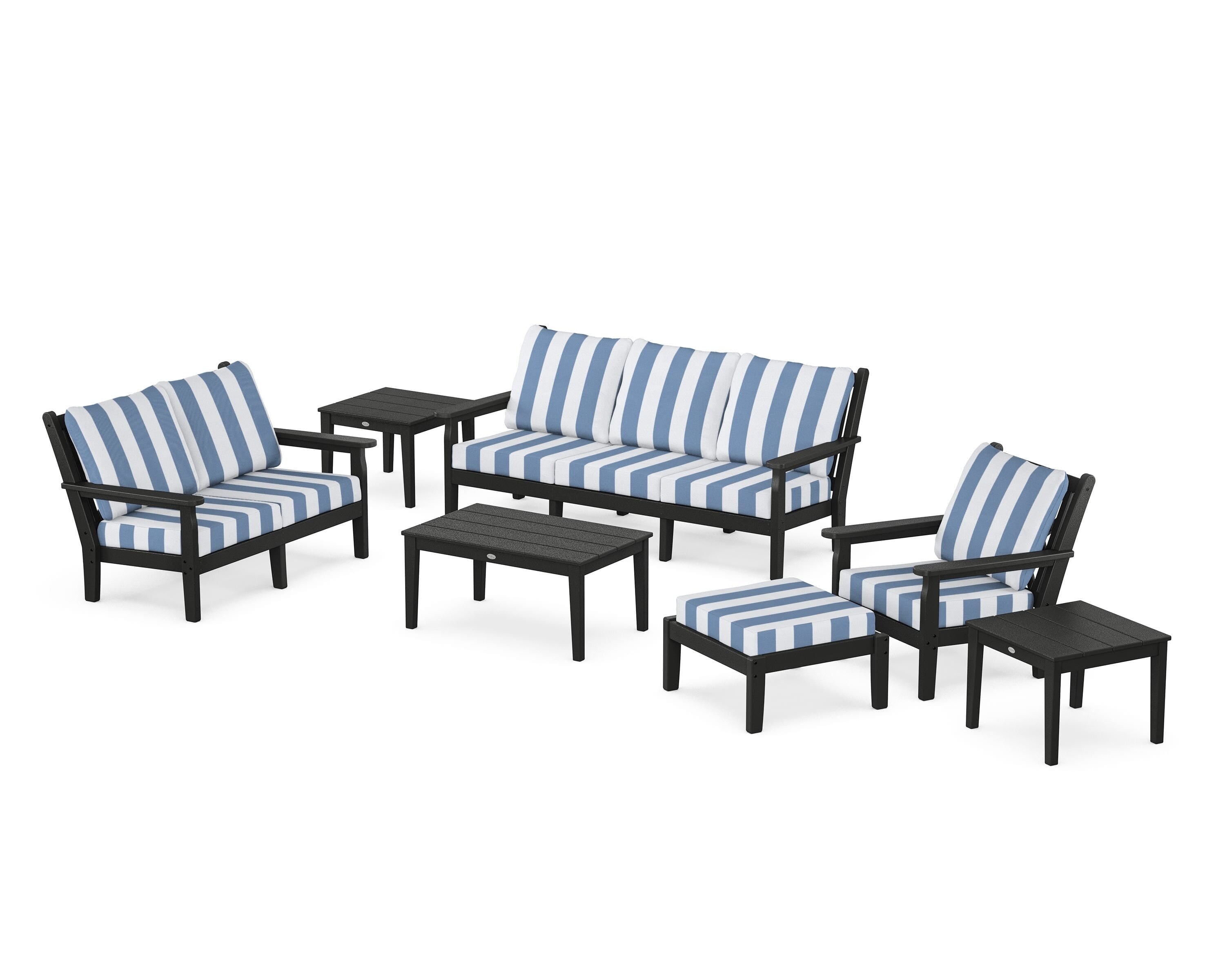 POLYWOOD® Chippendale 7-Piece Deep Seating Set in Black / Cabana Stripe Sky Blue