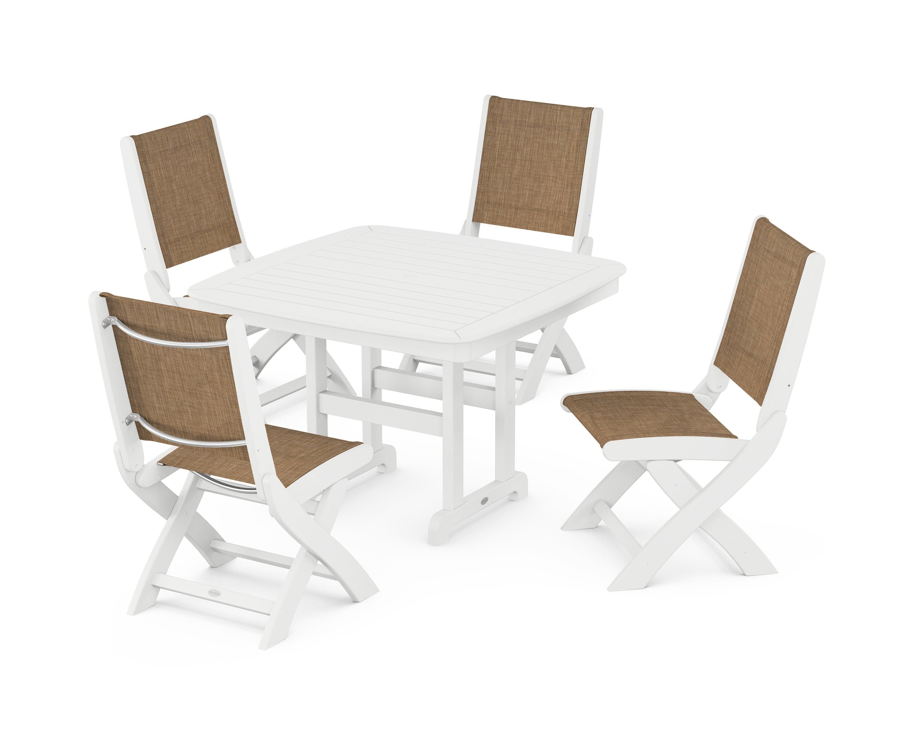 POLYWOOD® Coastal Folding Side Chair 5-Piece Dining Set in White / Burlap Sling