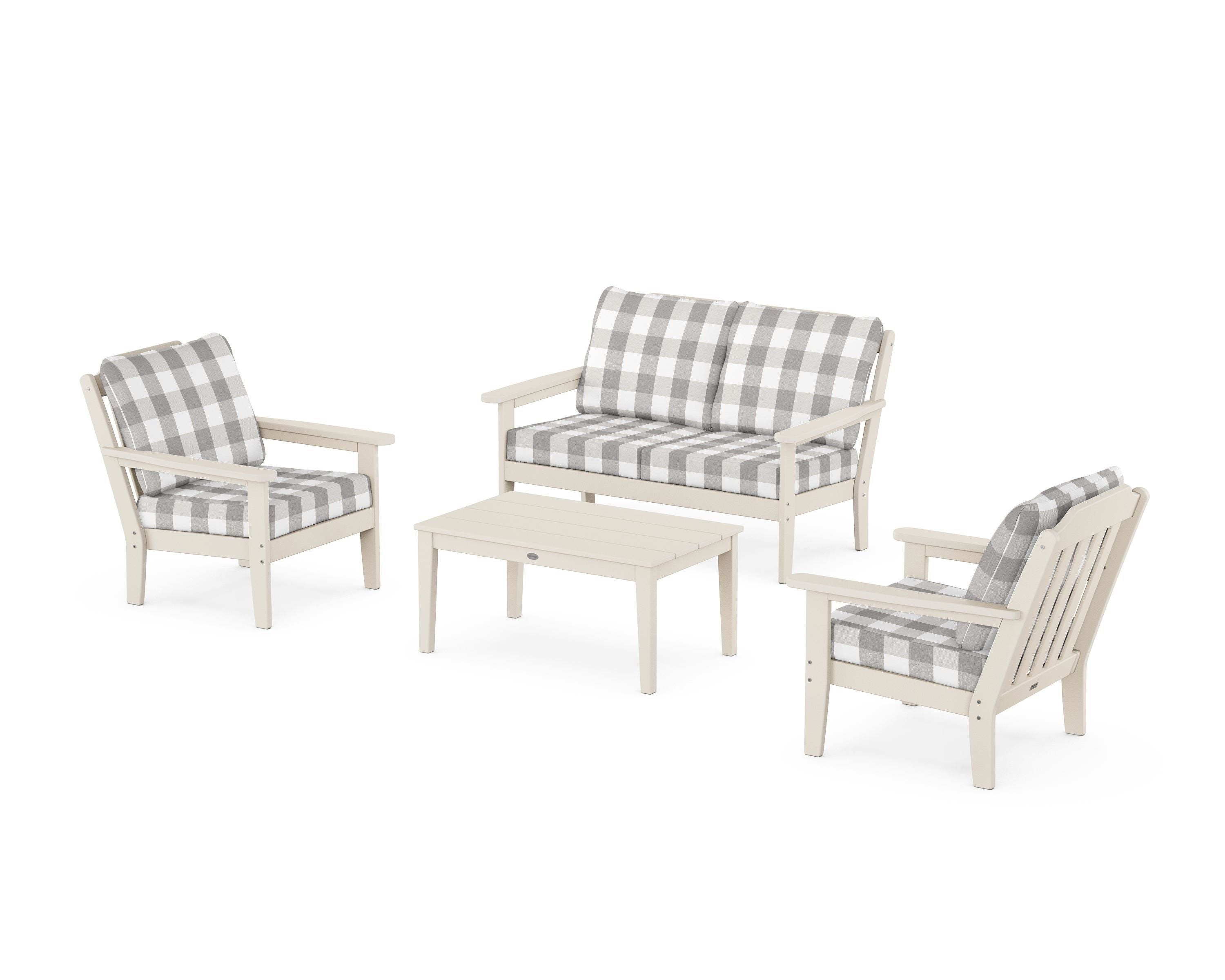 Country Living Cottage 4-Piece Deep Seating Set with Loveseat in Sand / Buffalo Plaid Grey Mist