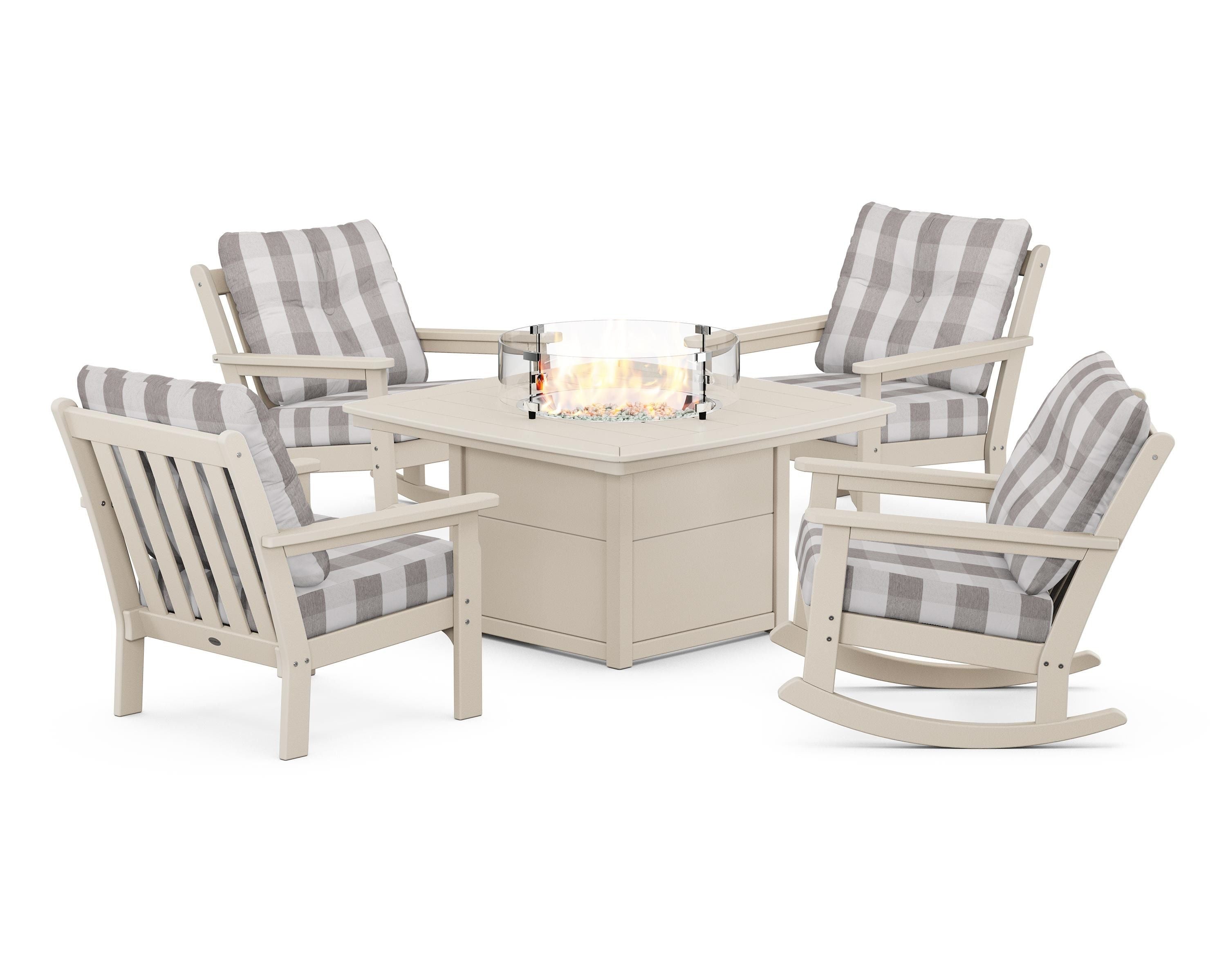 POLYWOOD® Vineyard 5-Piece Deep Seating Rocking Chair Conversation Set with Fire Pit Table in Sand / Buffalo Plaid Grey Mist