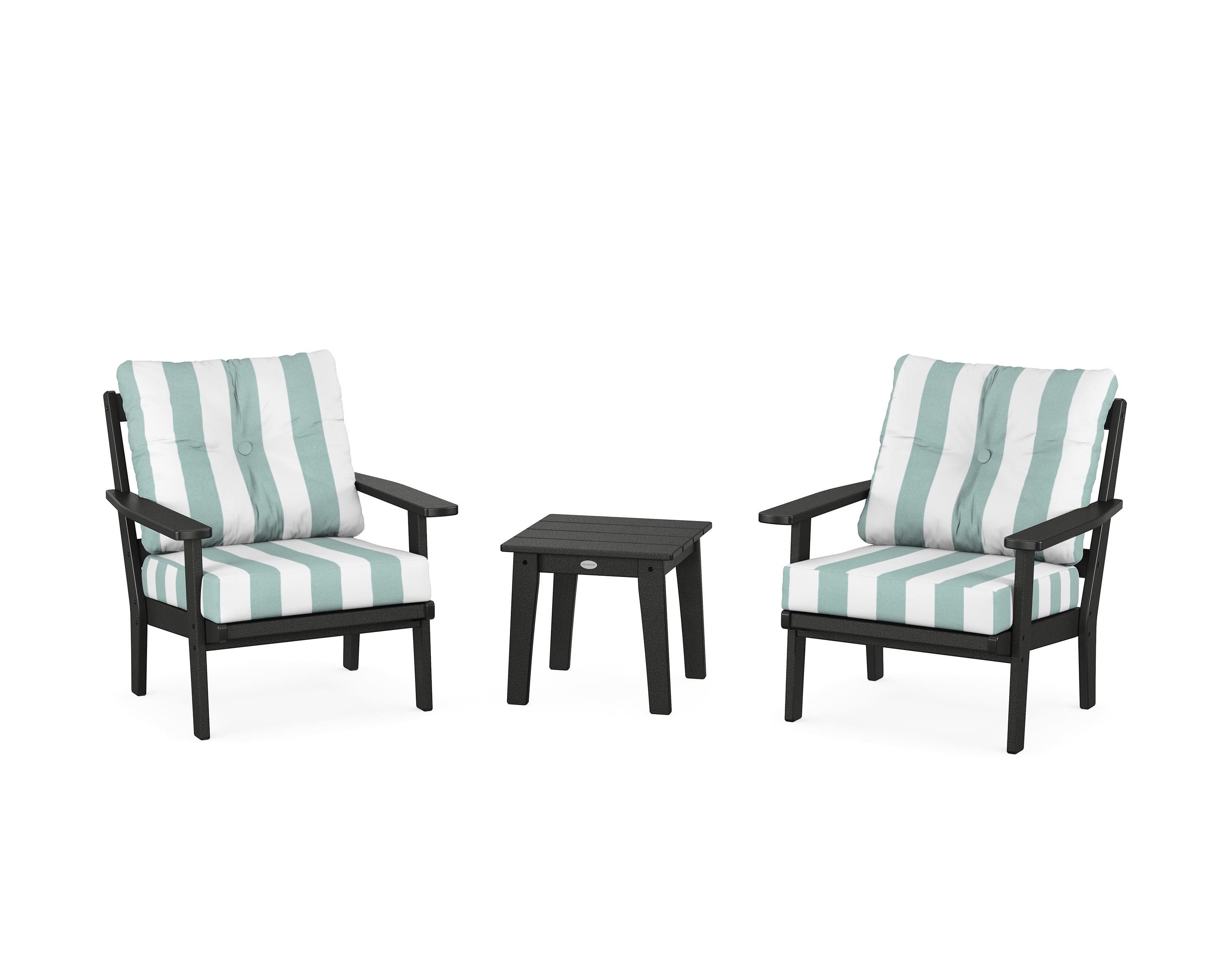 POLYWOOD® Oxford 3-Piece Deep Seating Set in Black / Cabana Stripe Glacier Spa