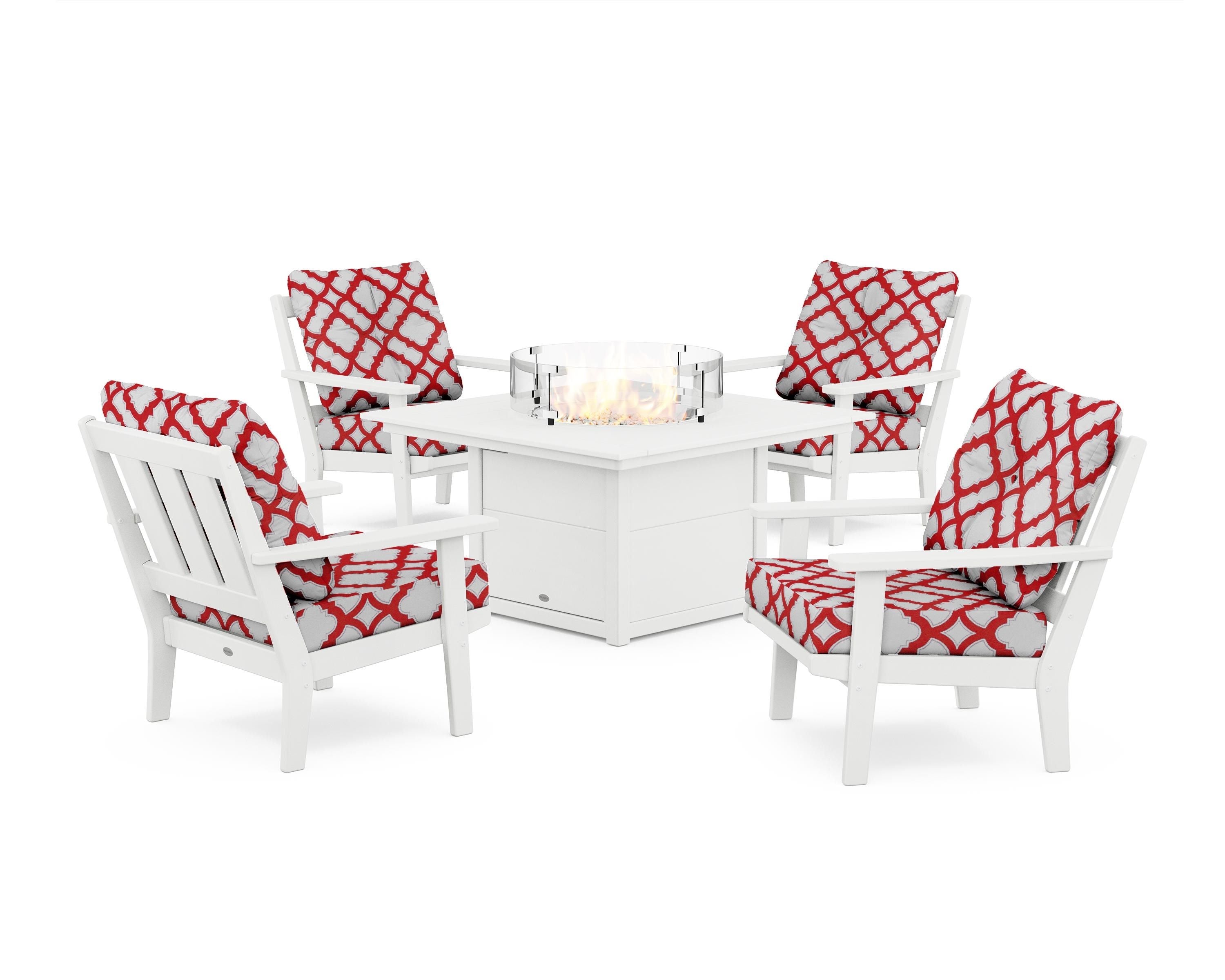 POLYWOOD® Oxford 5-Piece Deep Seating Set with Fire Pit Table in White / Trellis Crimson