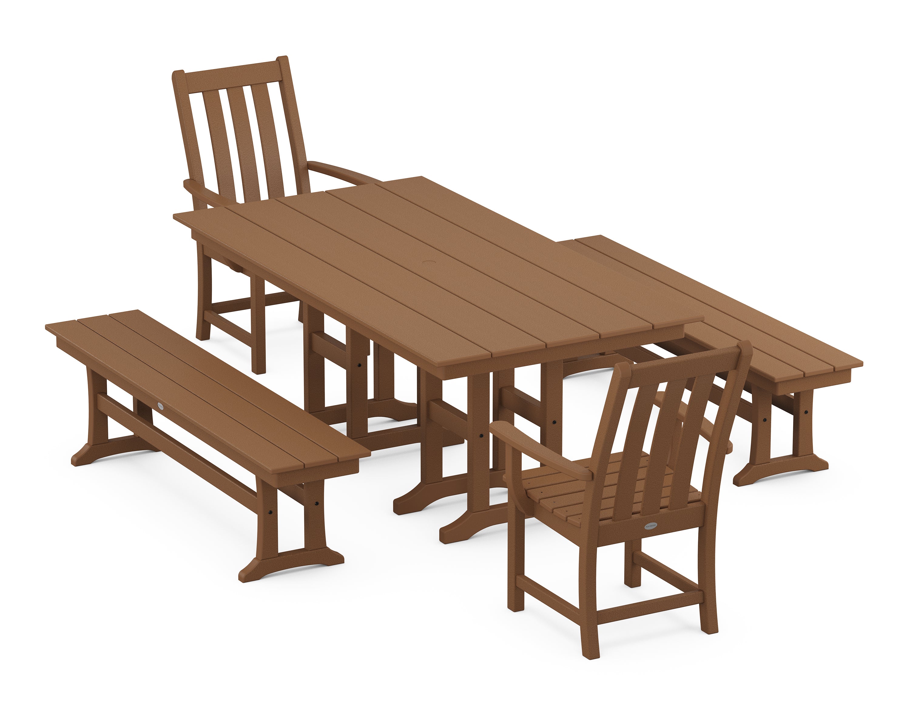 POLYWOOD® Vineyard 5-Piece Farmhouse Dining Set with Benches in Teak