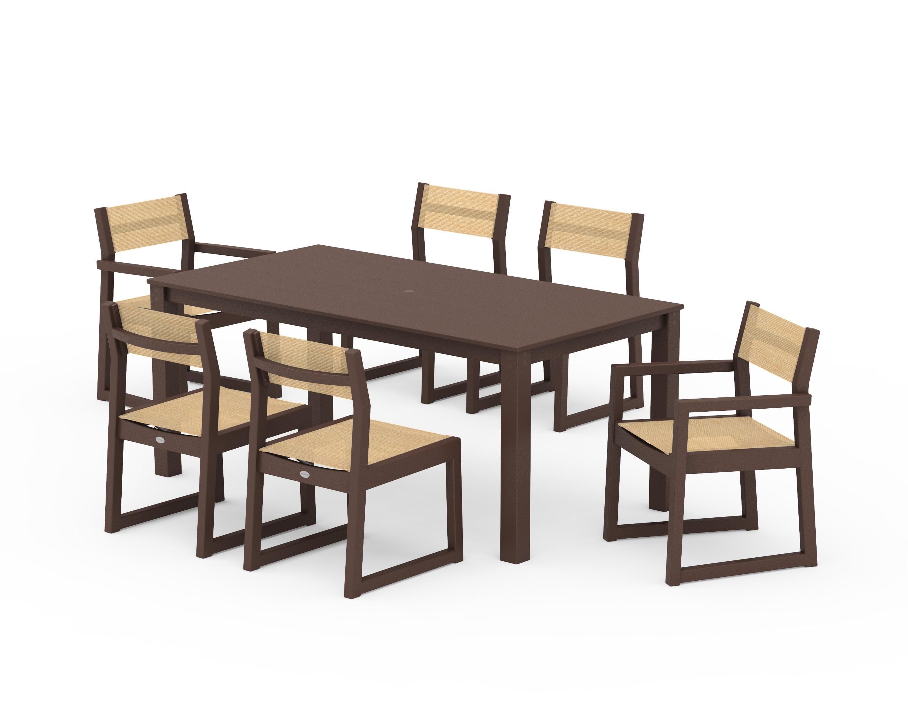 POLYWOOD® EDGE Sling 7-Piece Parsons Dining Set in Mahogany / Dupioni Apricot Sling