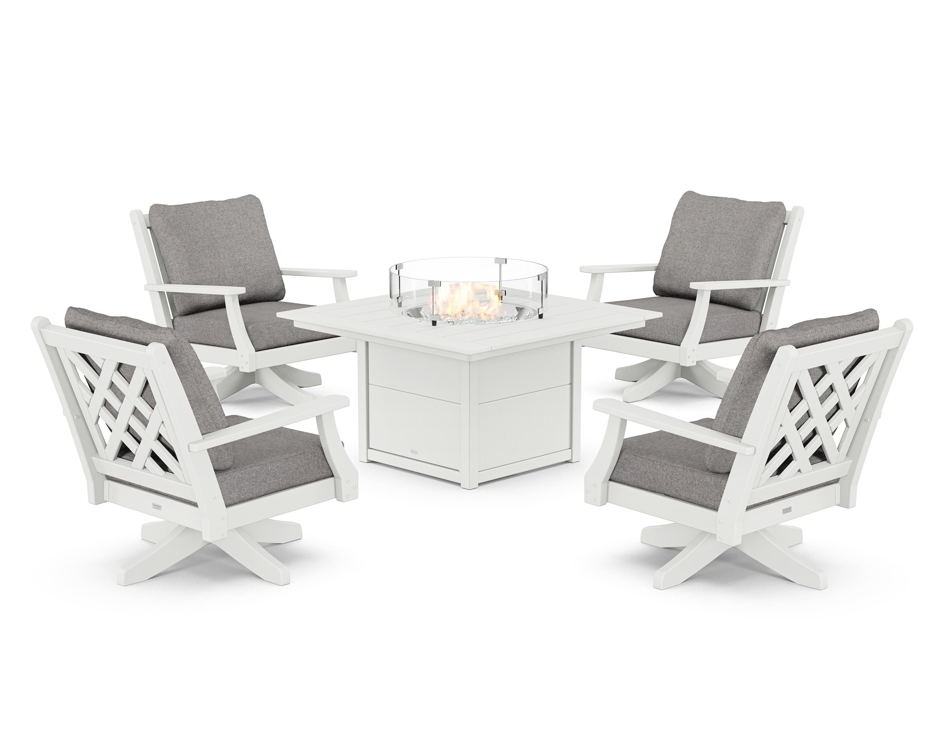 Country Living Wovendale 5-Piece Deep Seating Swivel Conversation Set with Fire Pit Table in White / Grey Mist
