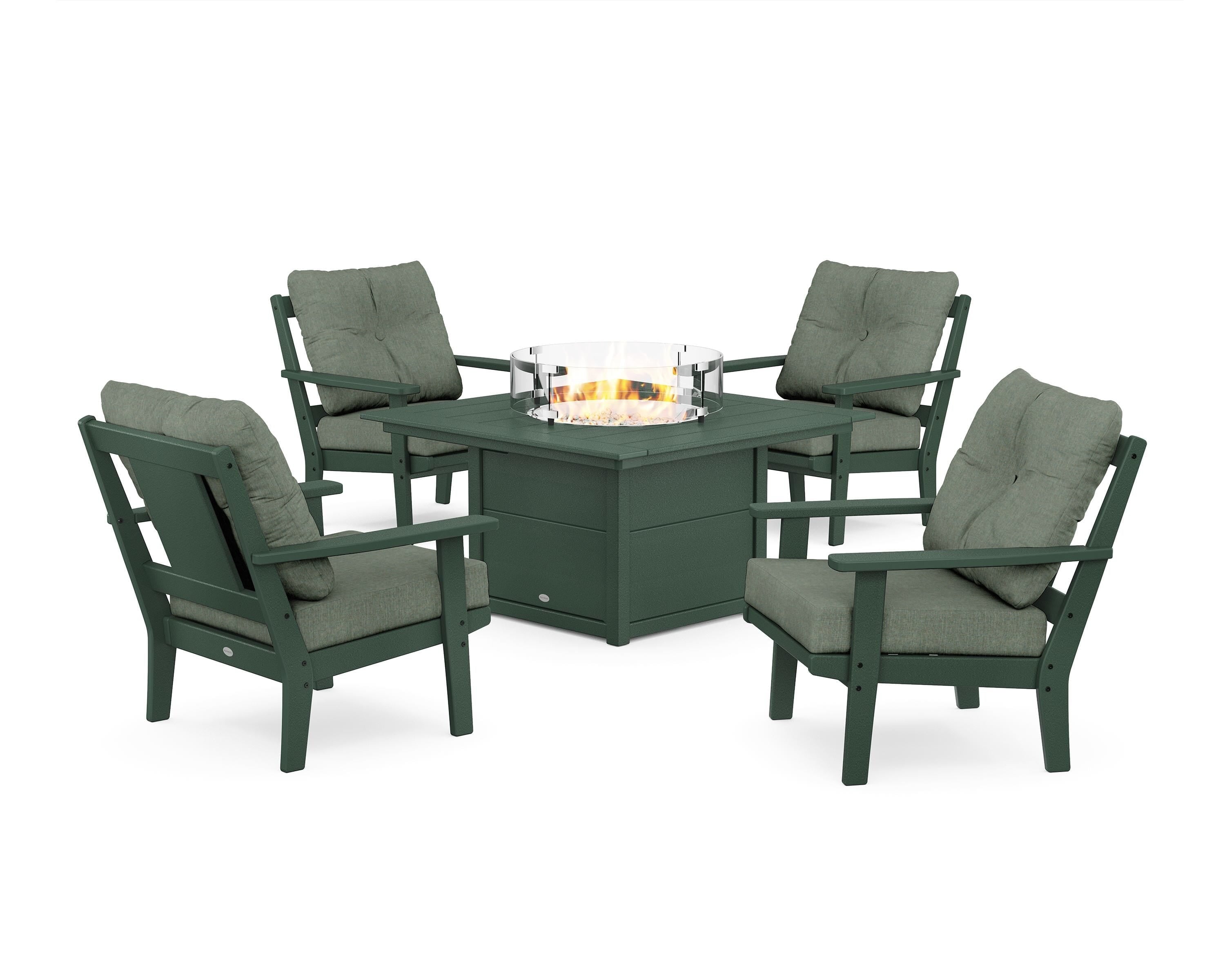 POLYWOOD® Prairie 5-Piece Deep Seating Set with Fire Pit Table in Green / Cast Sage