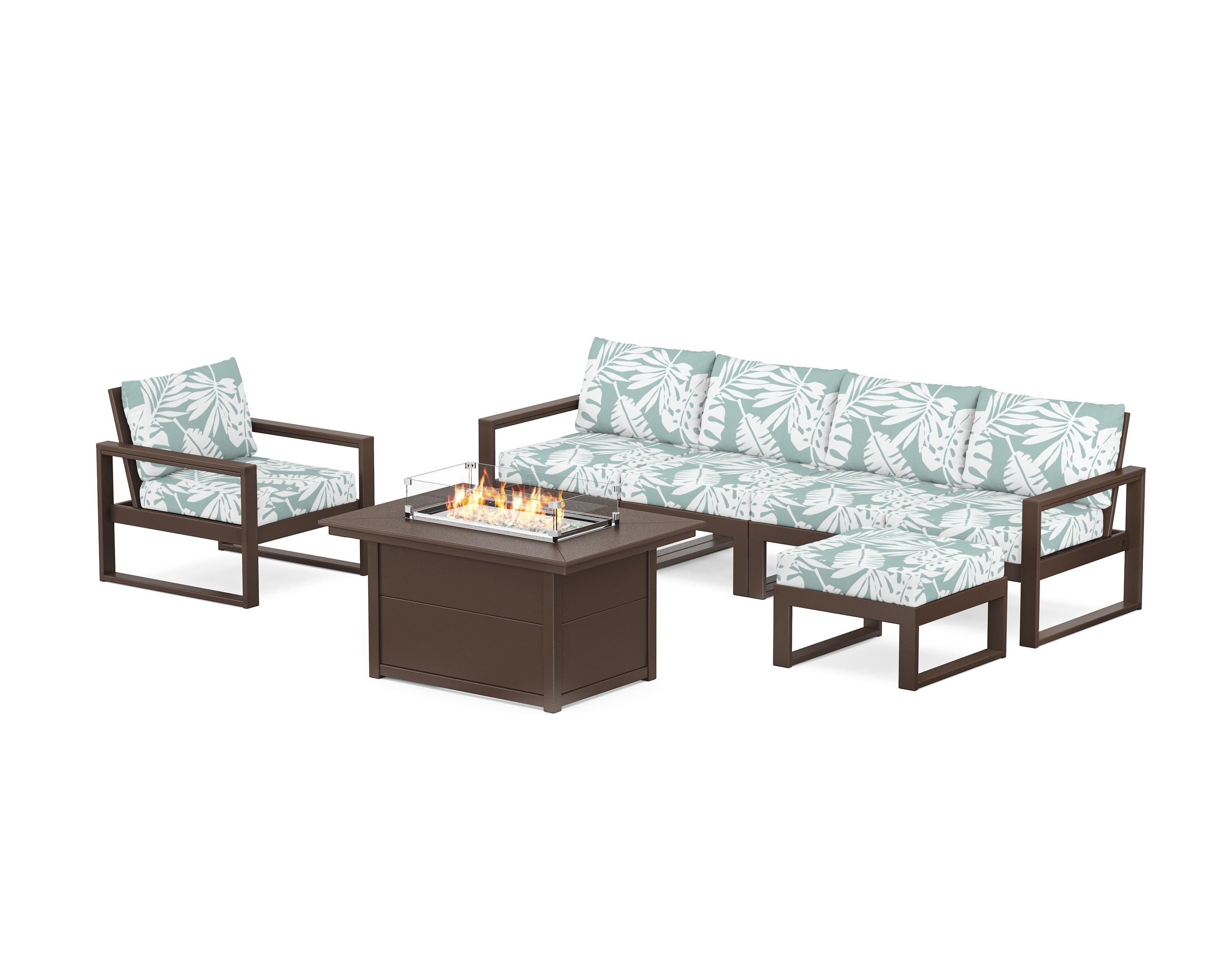 POLYWOOD® EDGE Sectional Lounge and Fire Pit Set in Mahogany / Leaf Glacier Spa