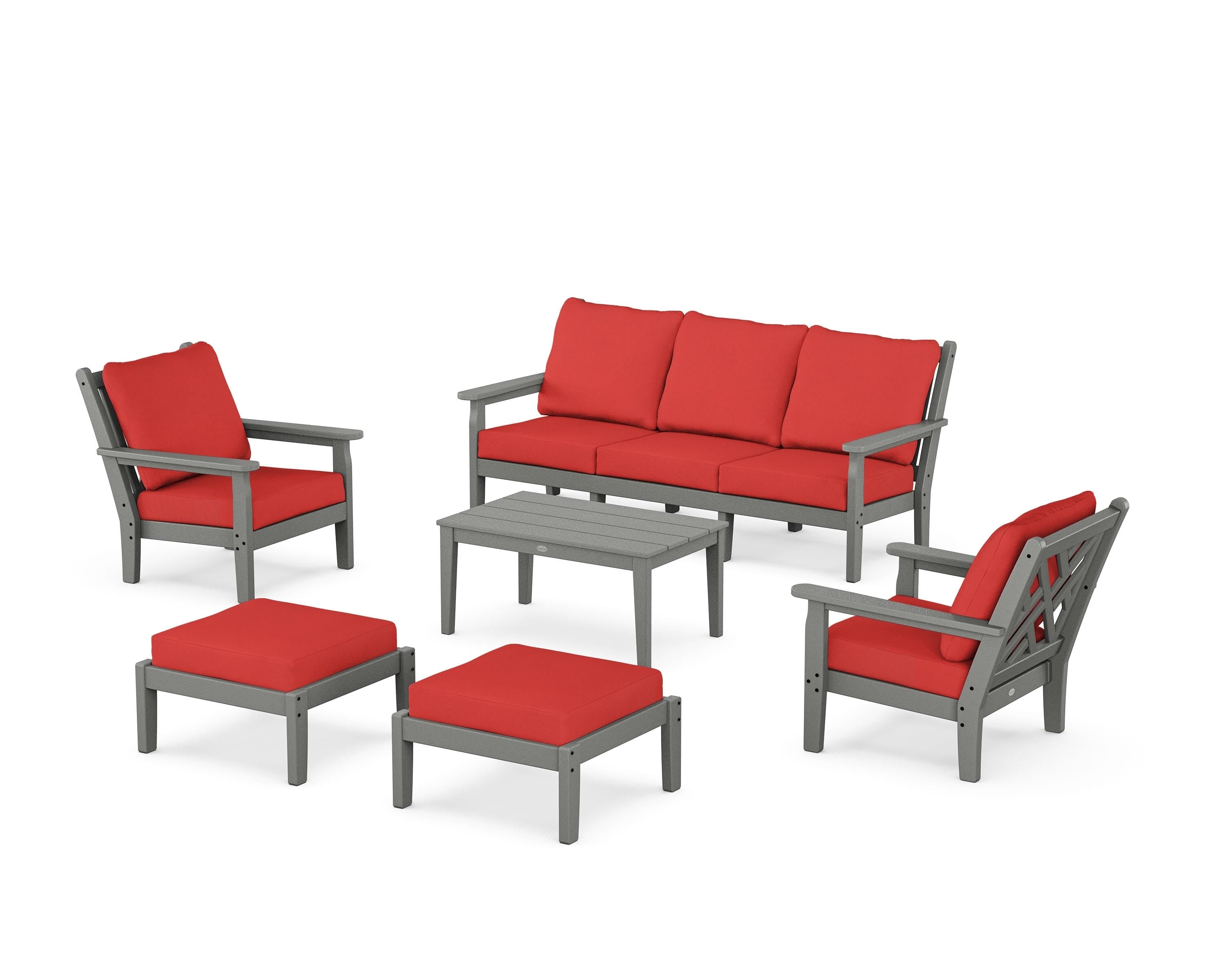 POLYWOOD® Chippendale 6-Piece Lounge Sofa Set in Slate Grey / Crimson Linen