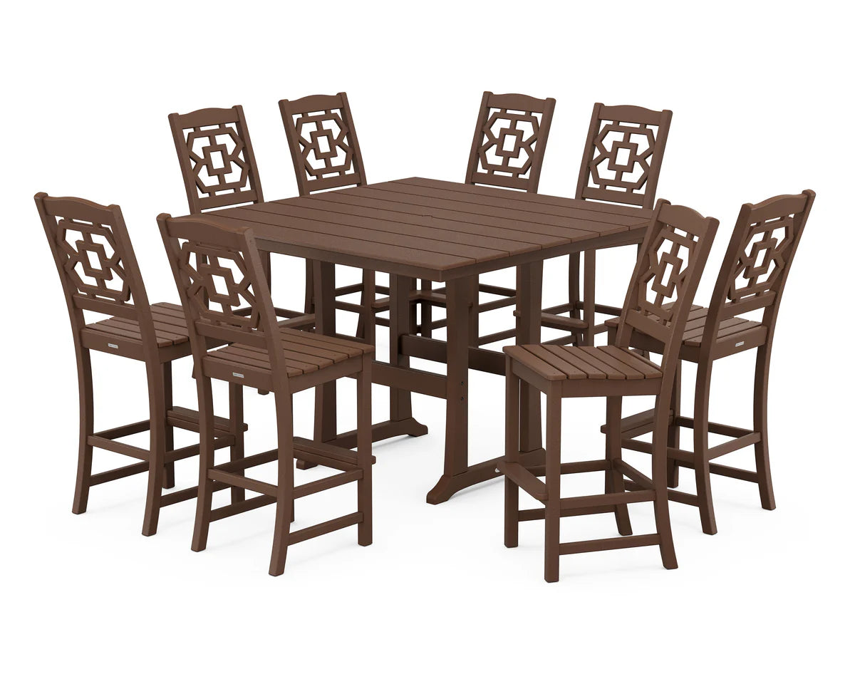 Chinoiserie 9-Piece Square Farmhouse Side Chair Bar Set with Trestle Legs