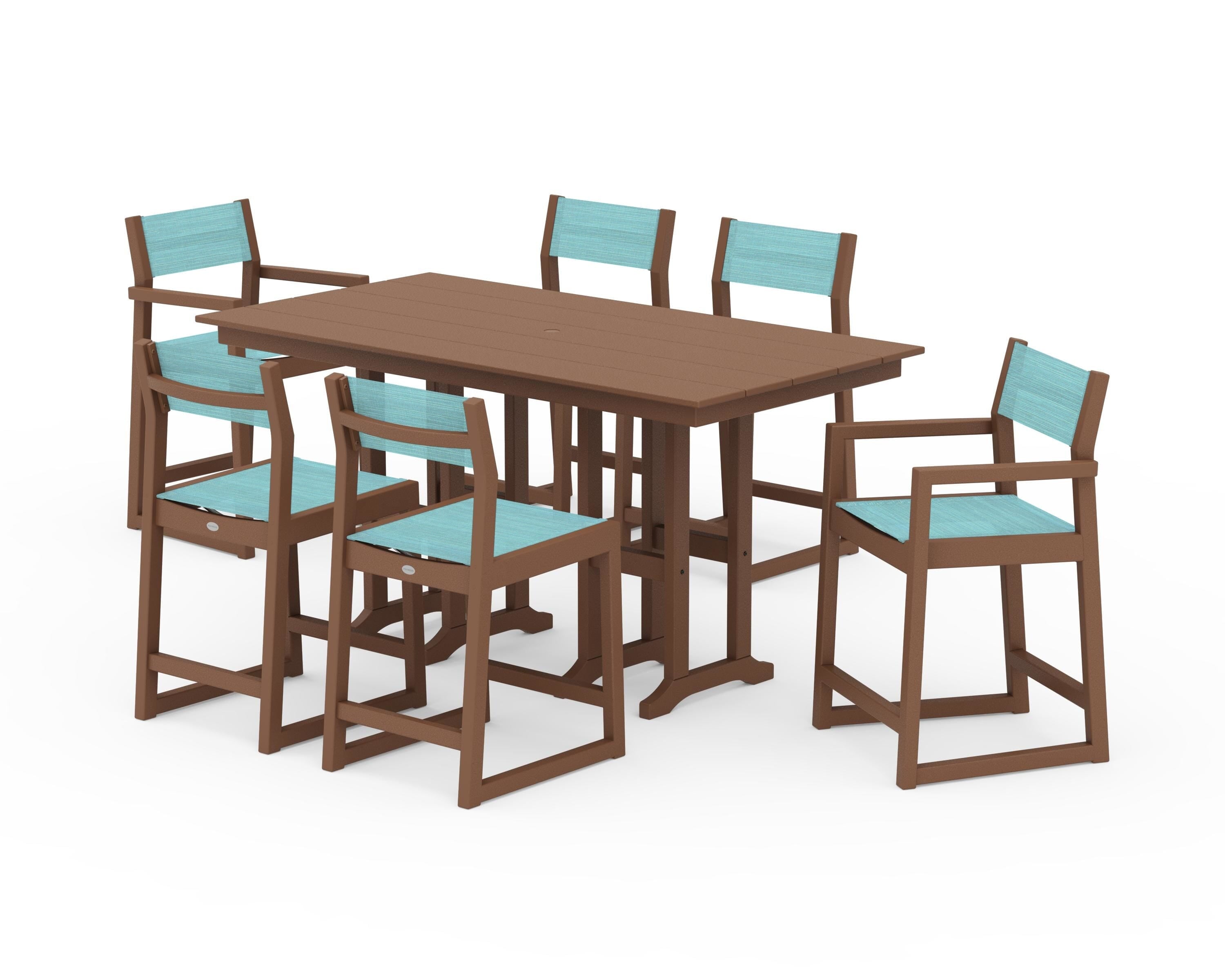 POLYWOOD® EDGE Sling 7-Piece Farmhouse Counter Set with Trestle Legs in Teak / Dupioni Aquamarine Sling