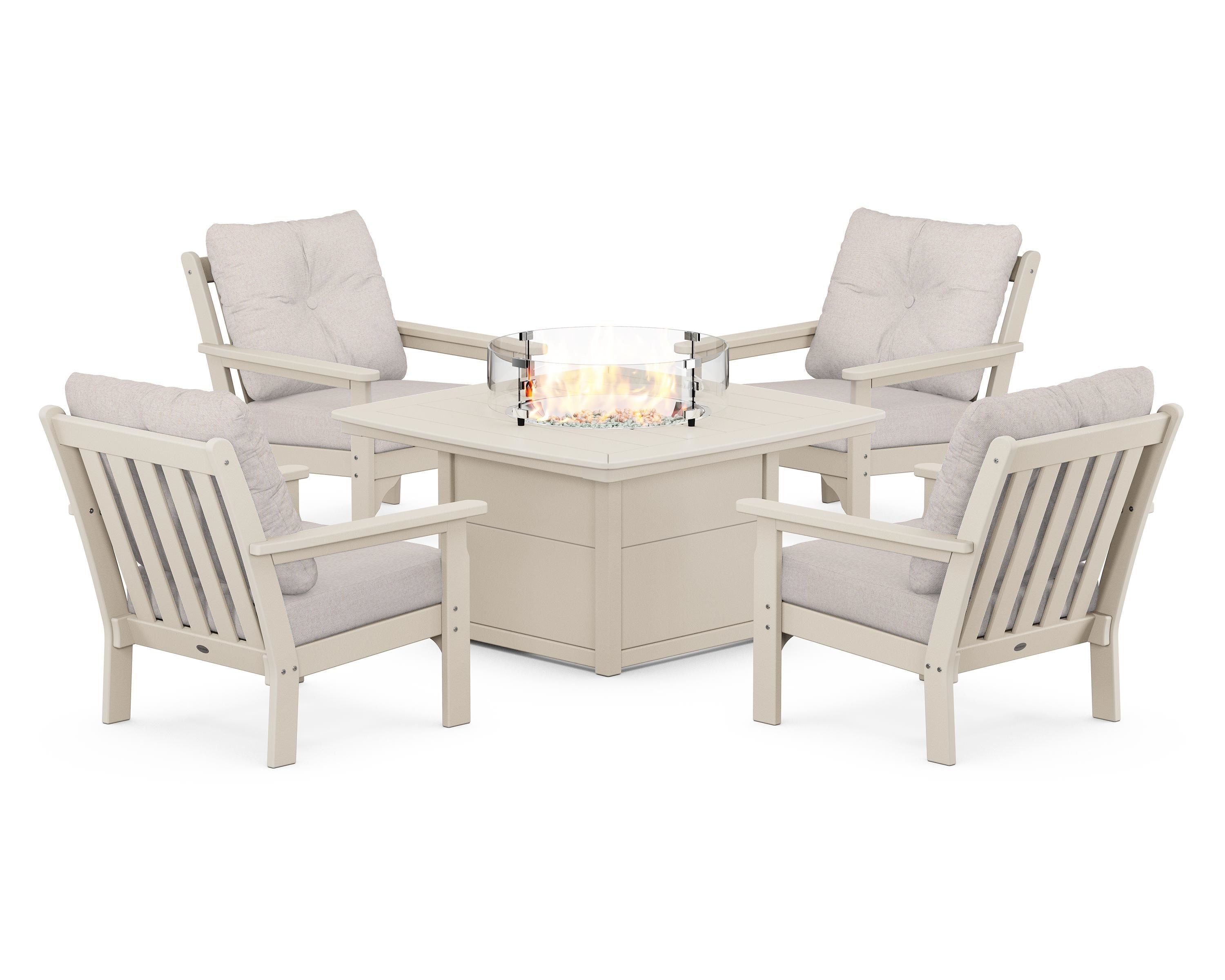 POLYWOOD® Vineyard 5-Piece Conversation Set with Fire Pit Table in Sand / Dune Burlap