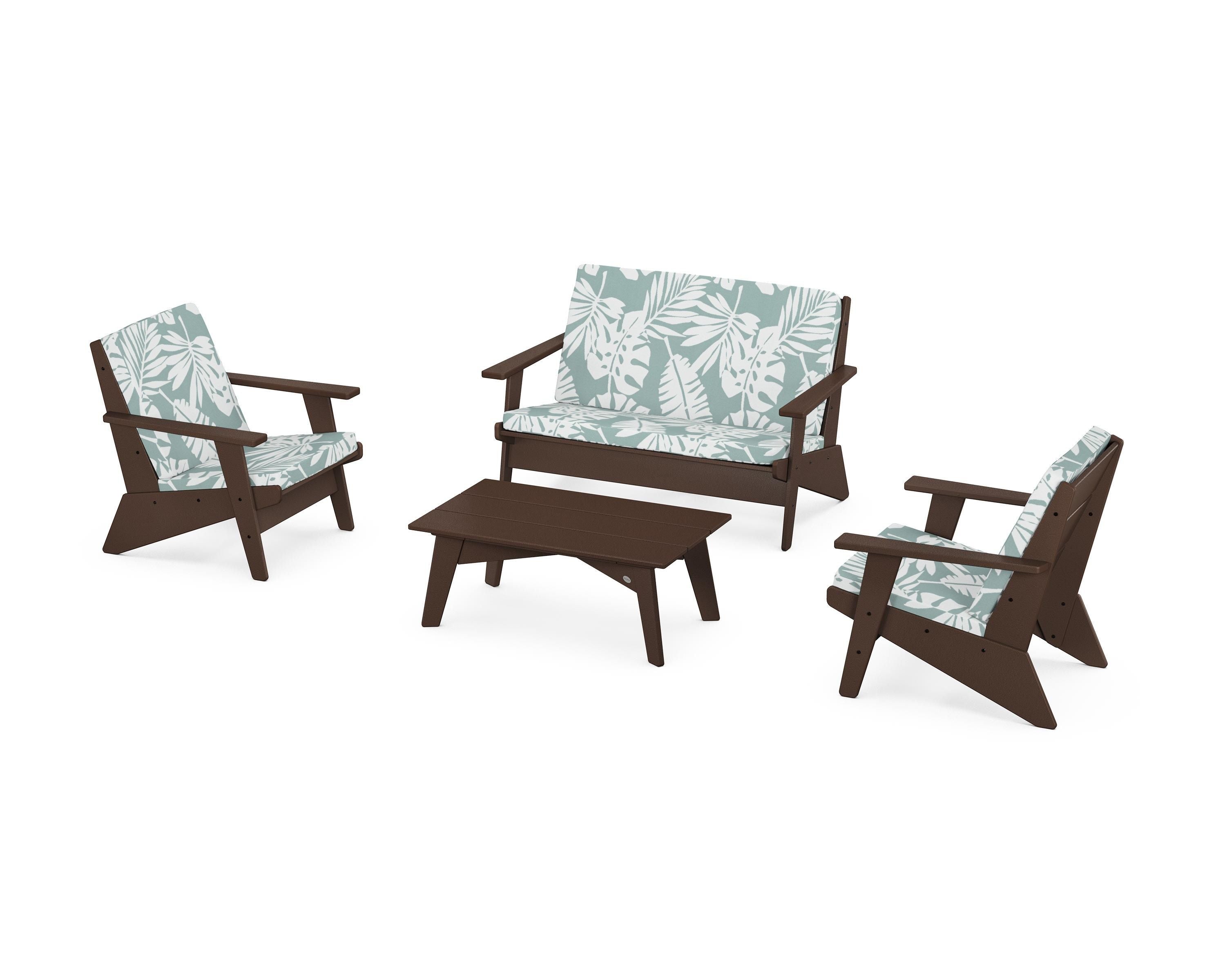 POLYWOOD® Riviera Modern Lounge 4-Piece Set in Mahogany / Leaf Glacier Spa