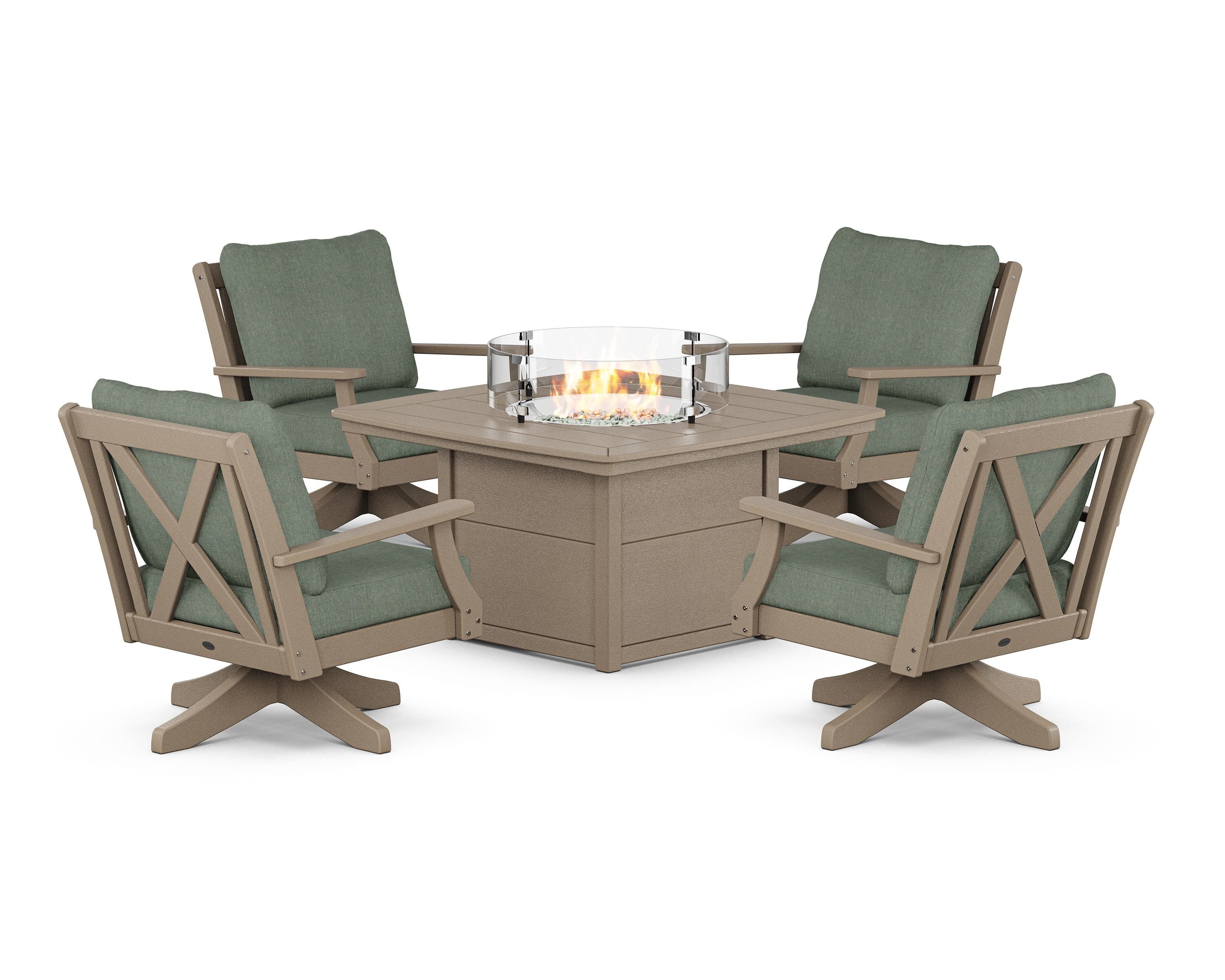 POLYWOOD® Braxton 5-Piece Deep Seating Swivel Conversation Set with Fire Pit Table in Vintage Sahara / Cast Sage
