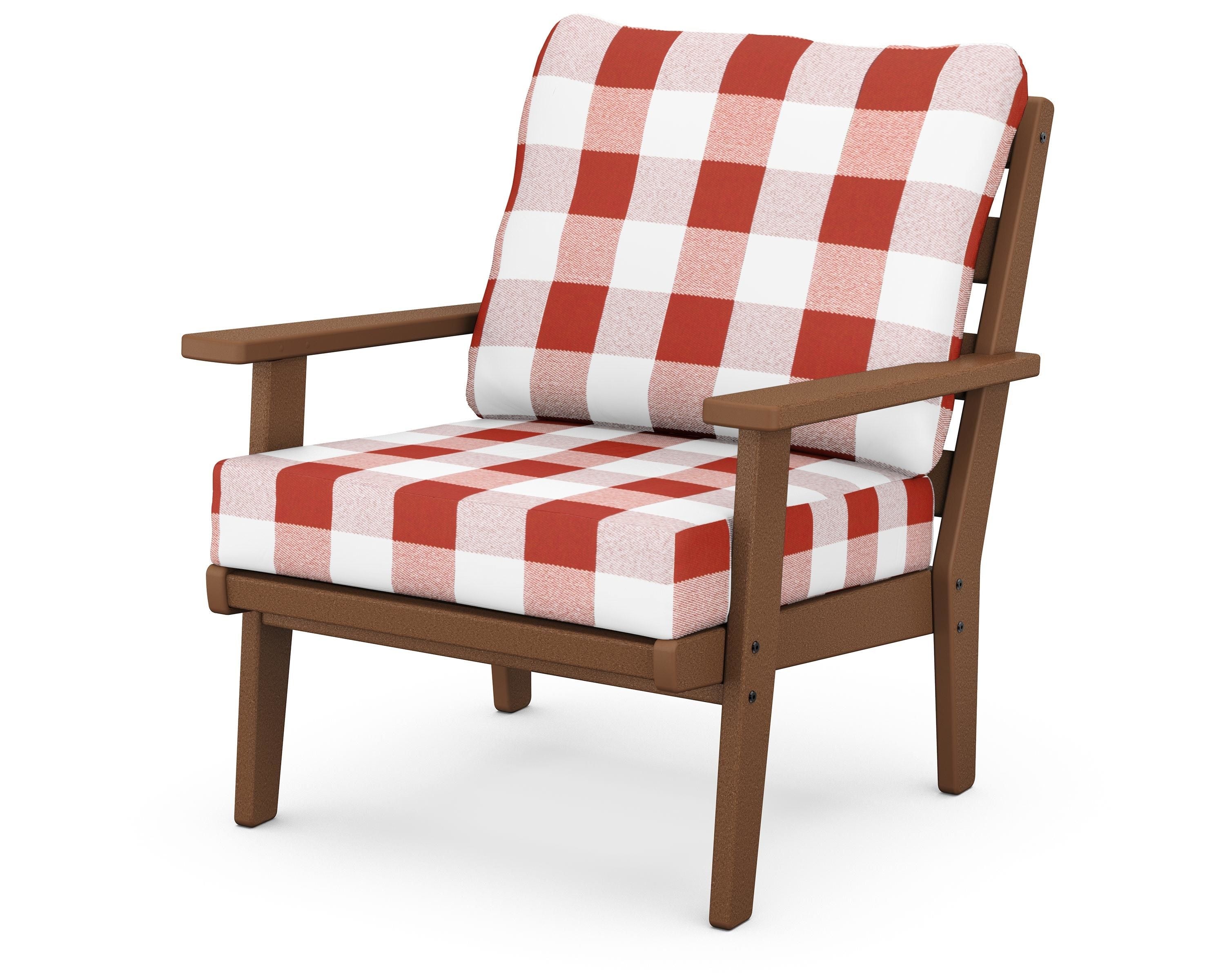 POLYWOOD® Grant Park Deep Seating Chair in Teak / Buffalo Plaid Crimson