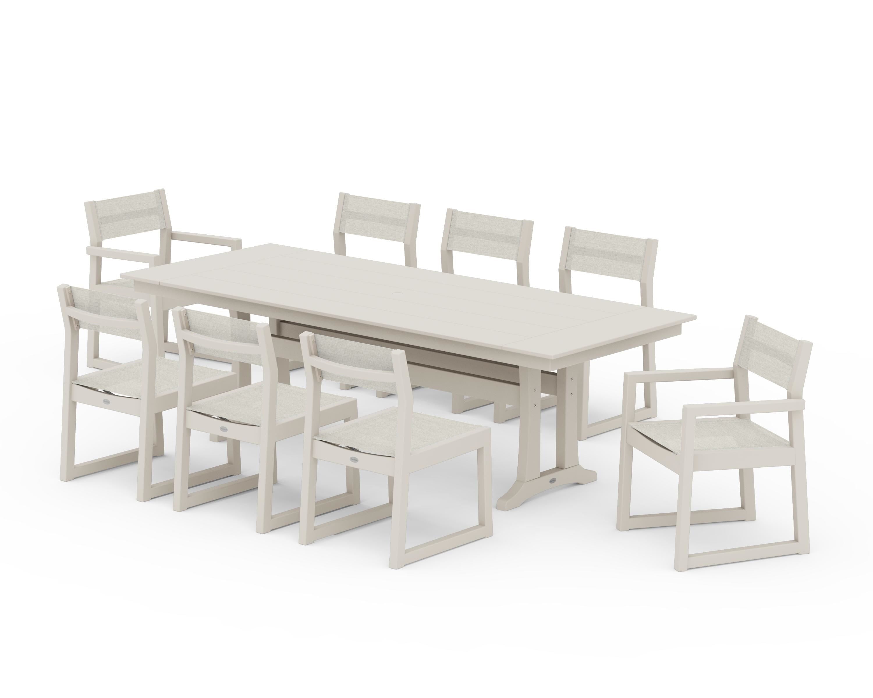 POLYWOOD® EDGE Sling 9-Piece Farmhouse Trestle Dining Set in Sand / Parchment Sling