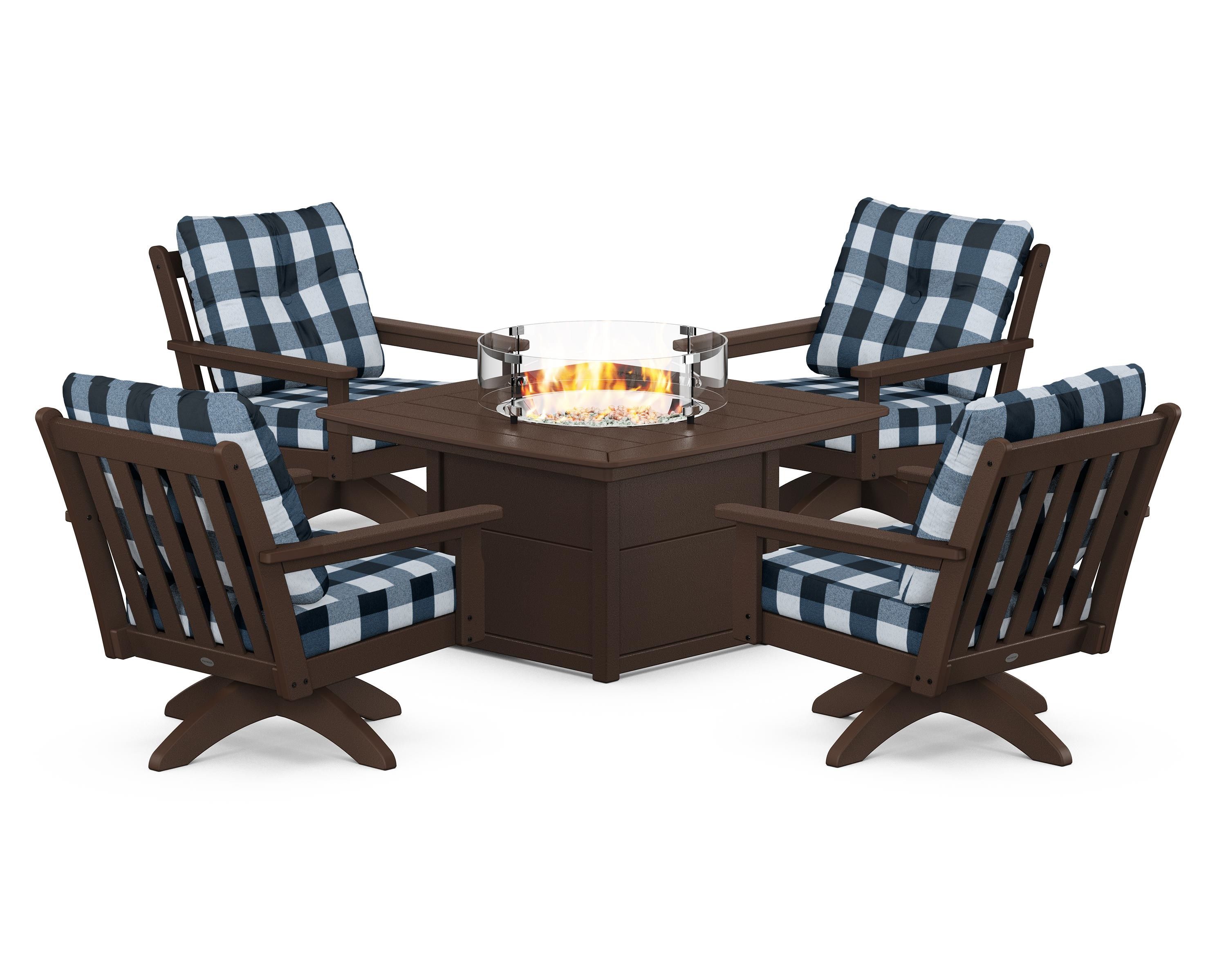 POLYWOOD® Vineyard 5-Piece Deep Seating Swivel Conversation Set with Fire Pit Table in Mahogany / Buffalo Plaid Marine Indigo