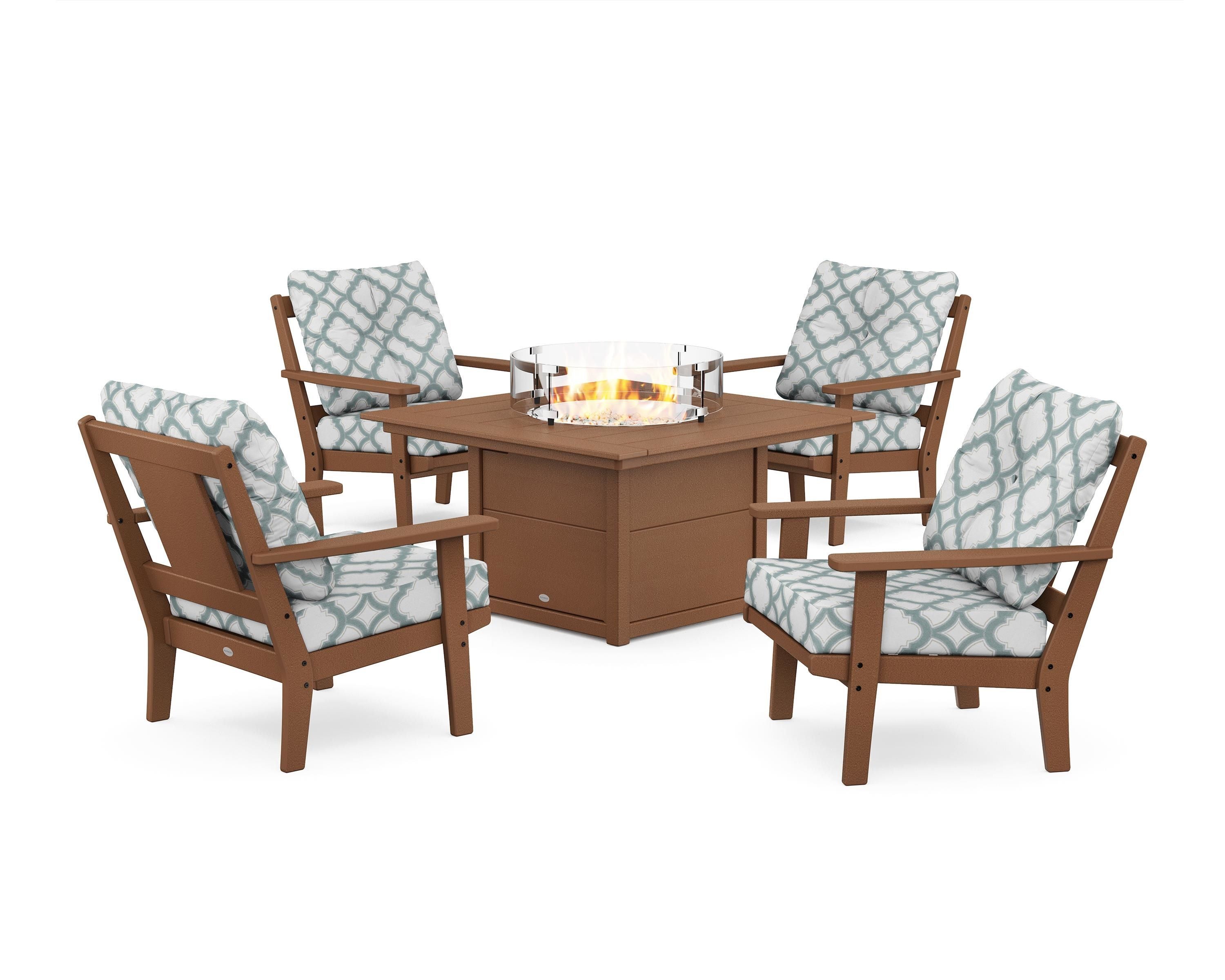 POLYWOOD® Prairie 5-Piece Deep Seating Set with Fire Pit Table in Teak / Trellis Glacier Spa