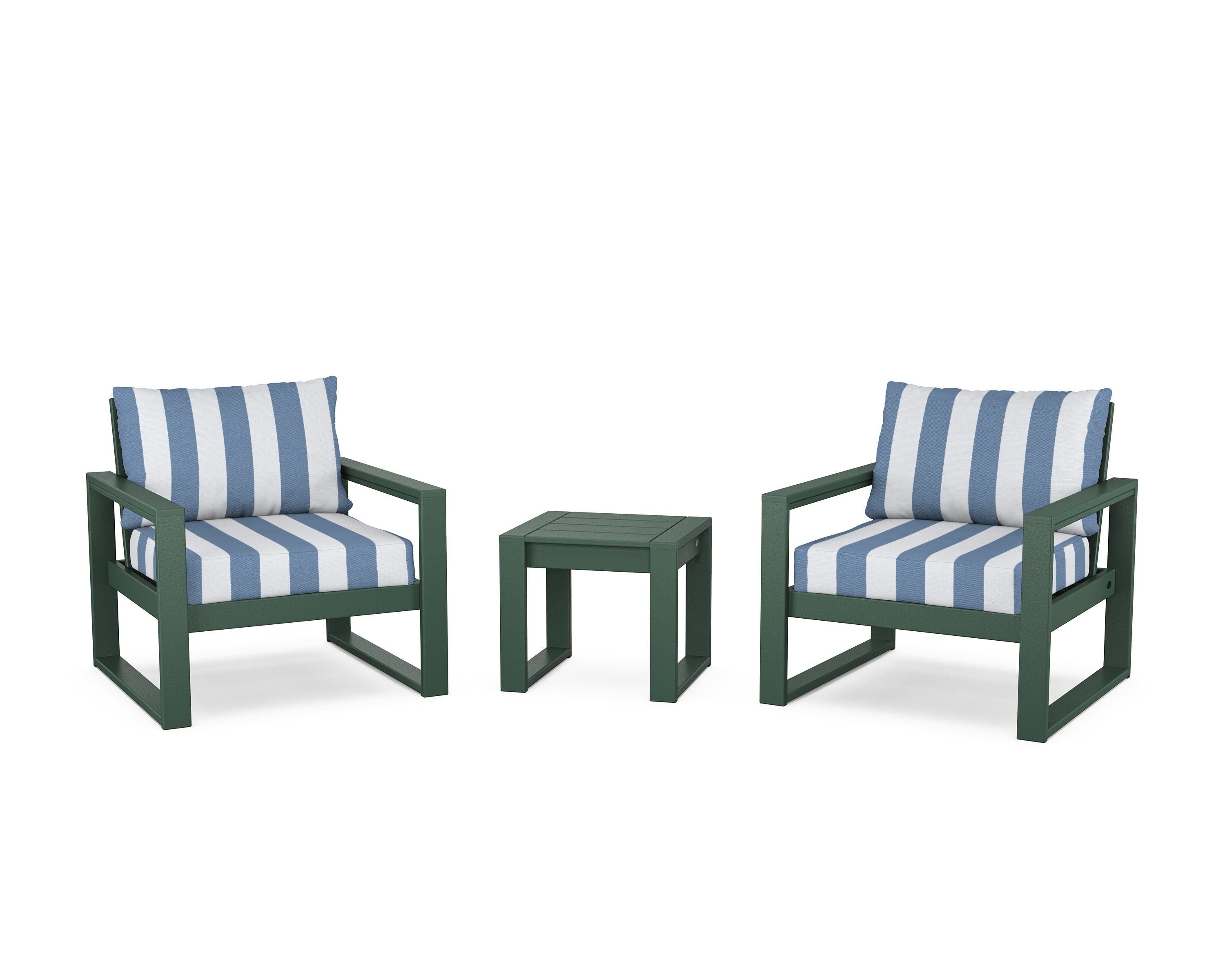 POLYWOOD® EDGE Sectional 3-Piece Deep Seating Set in Green / Cabana Stripe Sky Blue