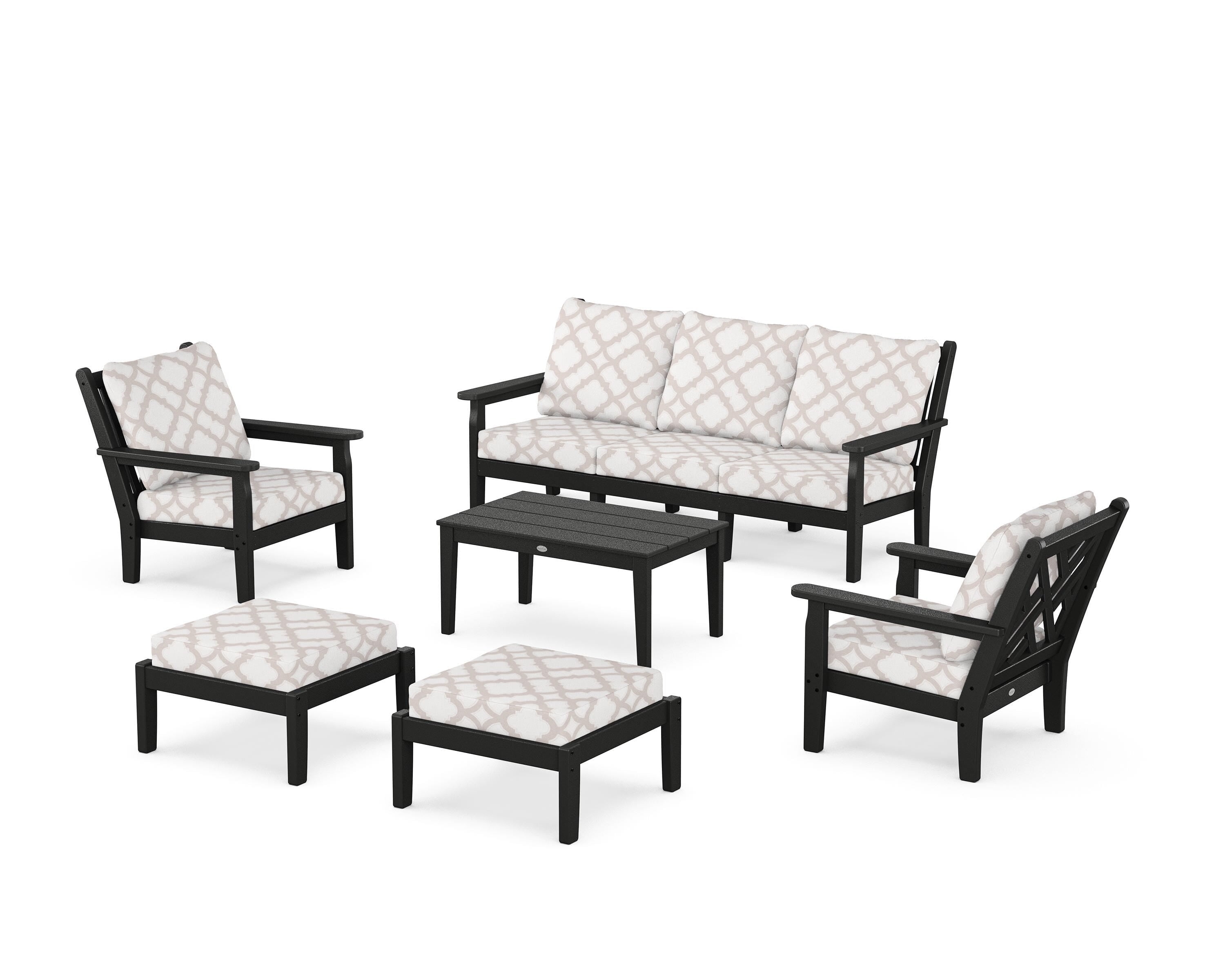 POLYWOOD® Chippendale 6-Piece Lounge Sofa Set in Black / Trellis Dune Burlap
