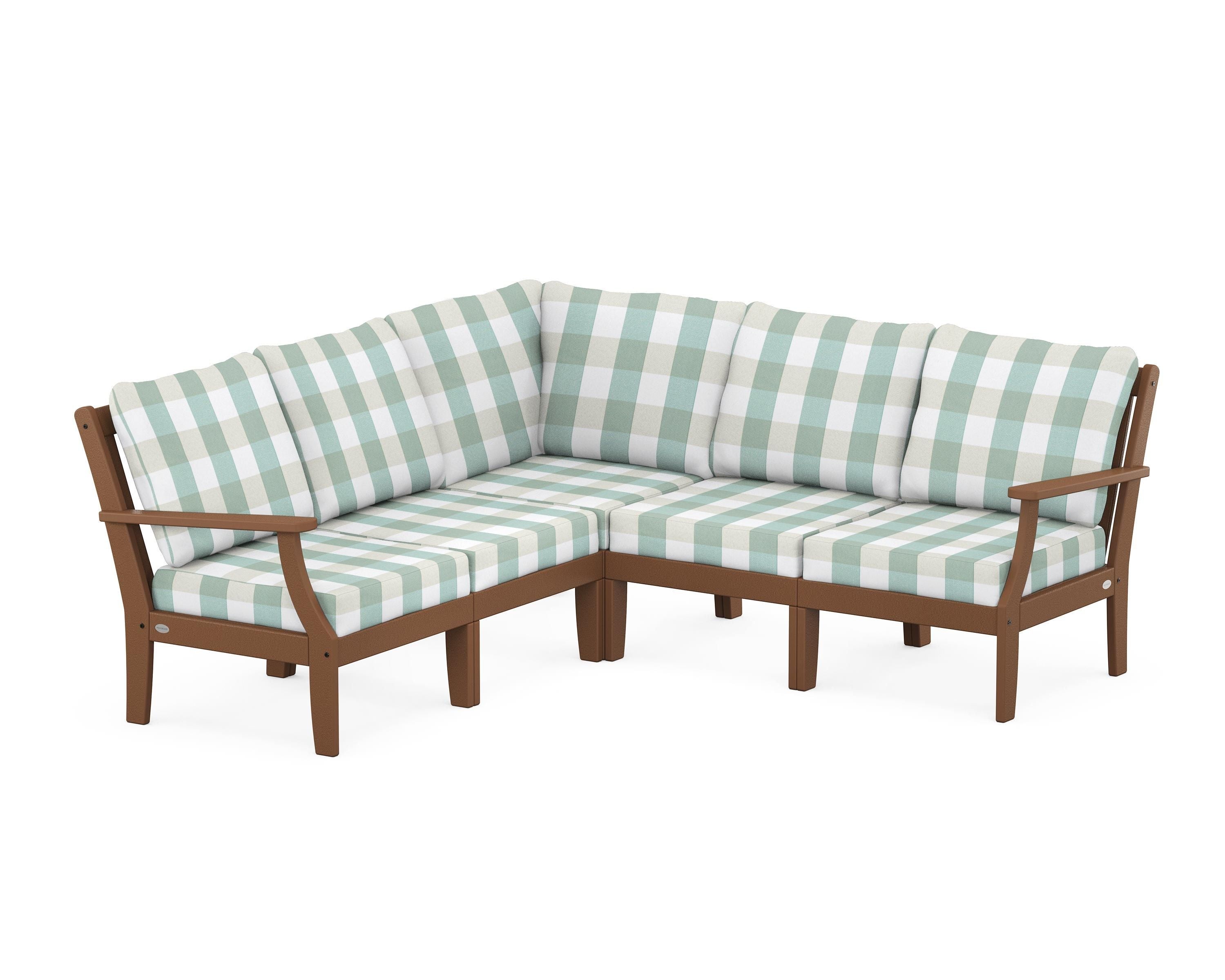 POLYWOOD® Braxton Modular 5-Piece Deep Seating Set in Teak / Buffalo Plaid Glacier Spa
