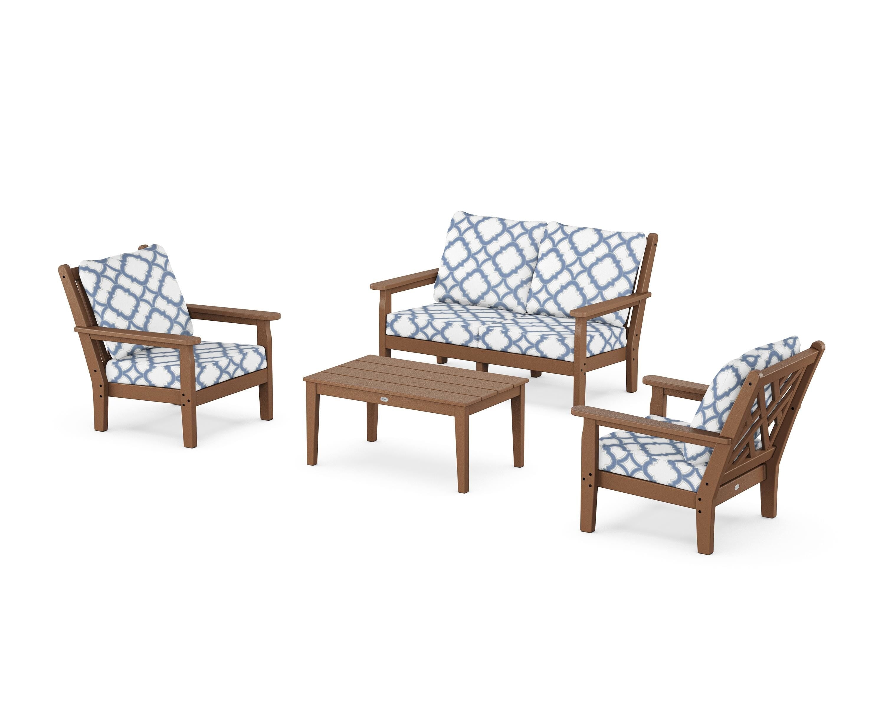 POLYWOOD® Chippendale 4-Piece Deep Seating Set with Loveseat in Teak / Trellis Sky Blue
