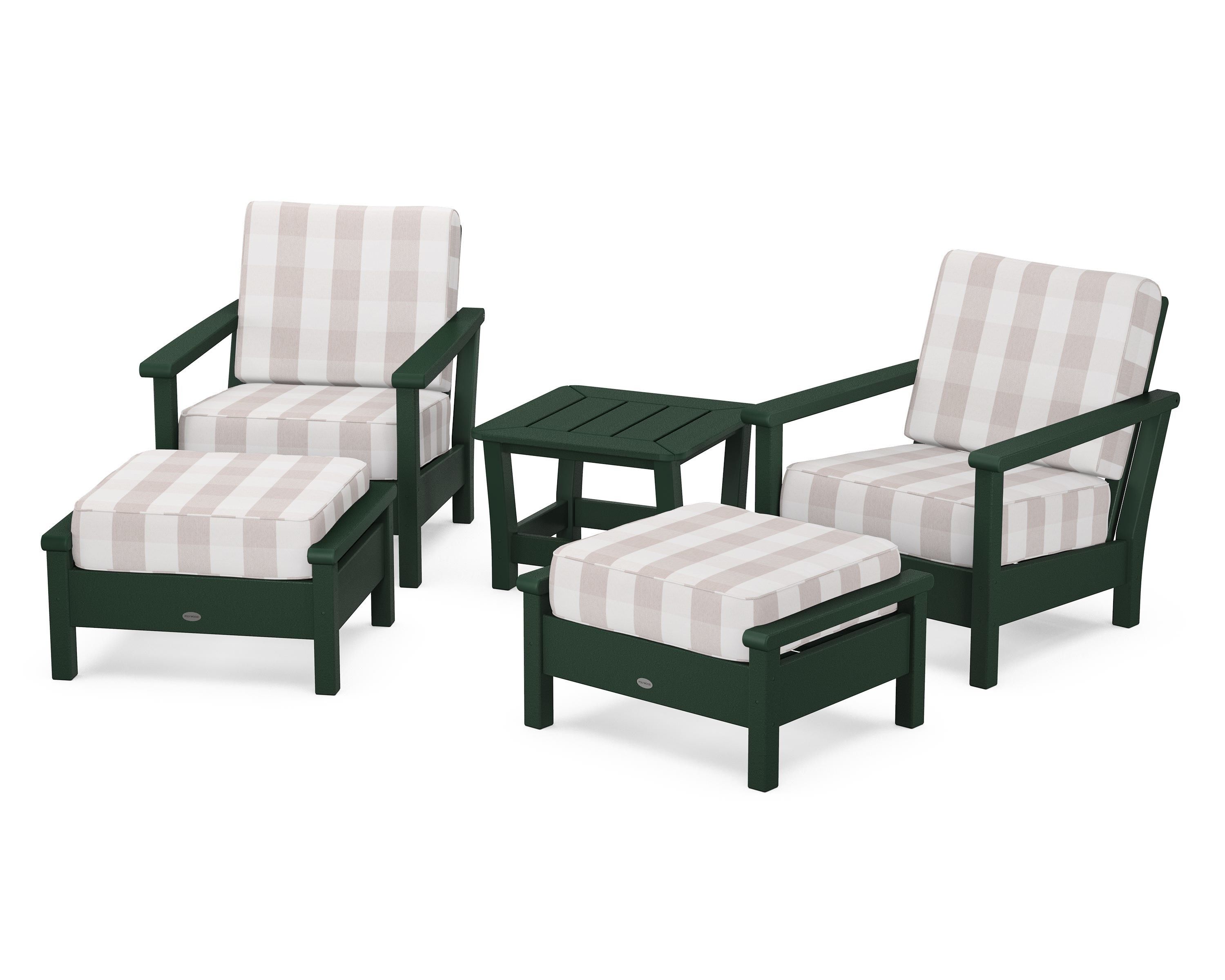 POLYWOOD® Harbour 5-Piece Deep Seating Chair Set in Green / Buffalo Plaid Dune Burlap