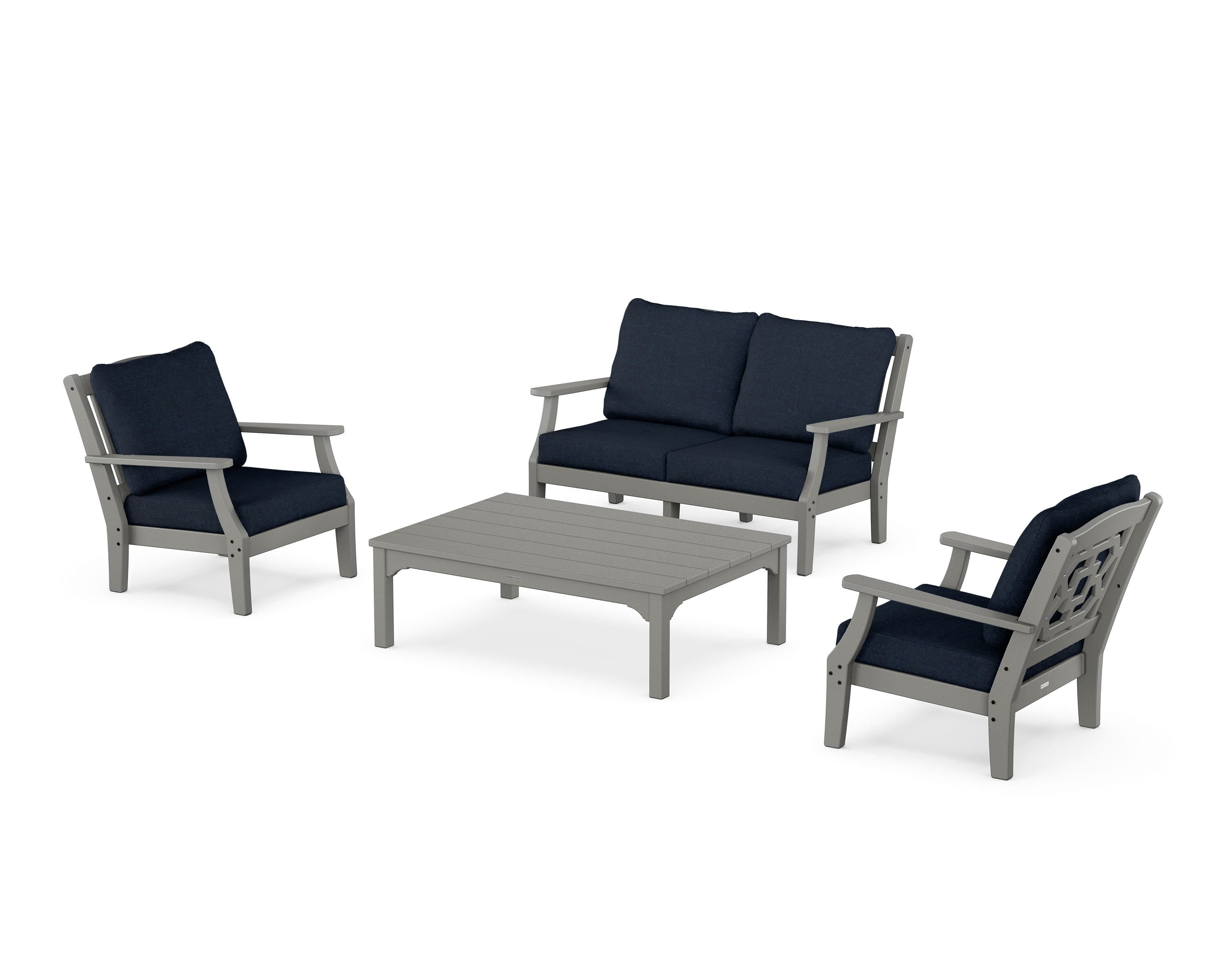 Martha Stewart by POLYWOOD® Chinoiserie 4-Piece Deep Seating Set with Loveseat in Slate Grey / Marine Indigo