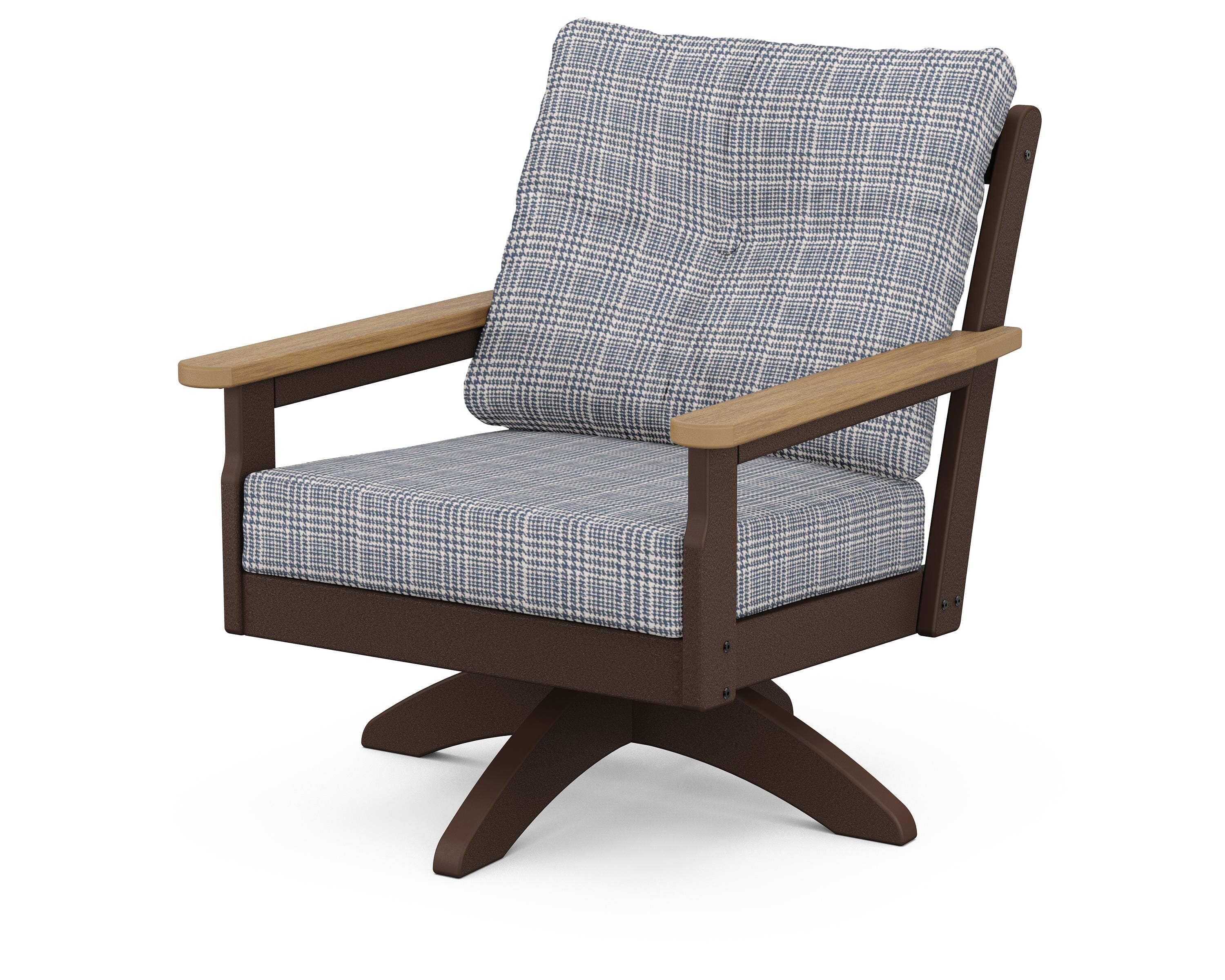 POLYWOOD® Vineyard Deep Seating Swivel Chair in Mahogany / Natural / Houndstooth Sky Blue