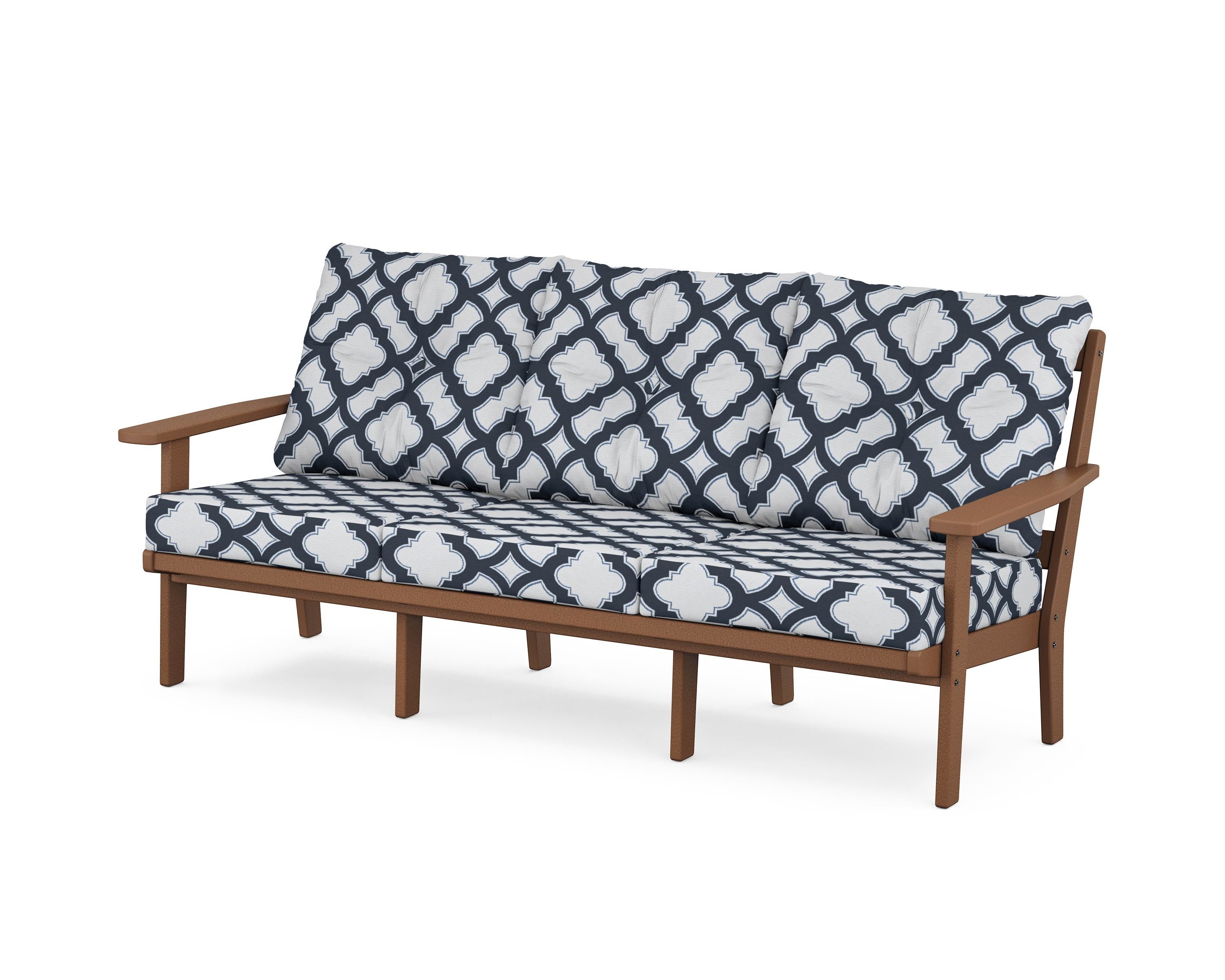 POLYWOOD® Prairie Deep Seating Sofa in Teak / Trellis Marine Indigo
