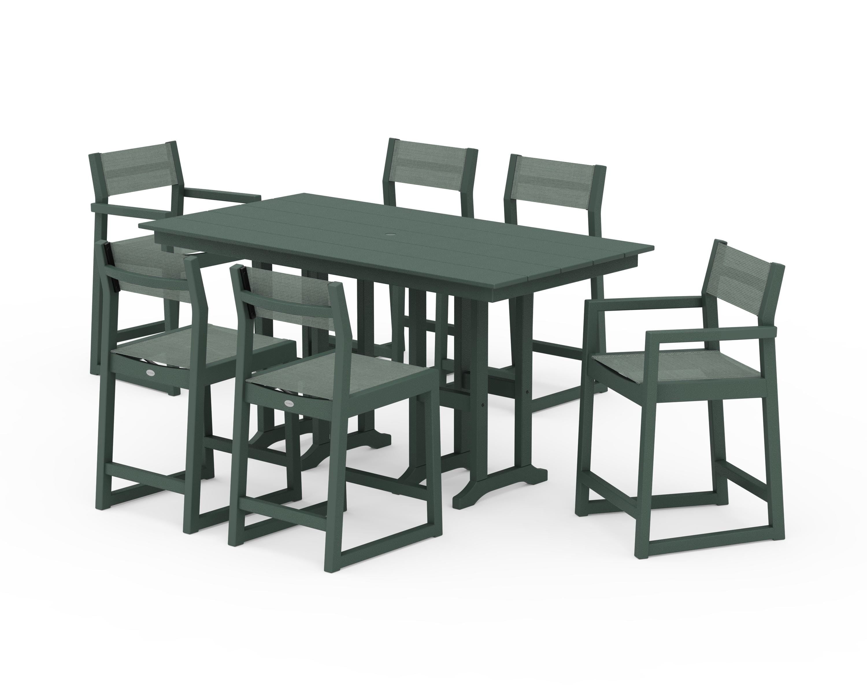 POLYWOOD® EDGE Sling 7-Piece Farmhouse Counter Set with Trestle Legs in Green / Dupioni Sea Mist Sling